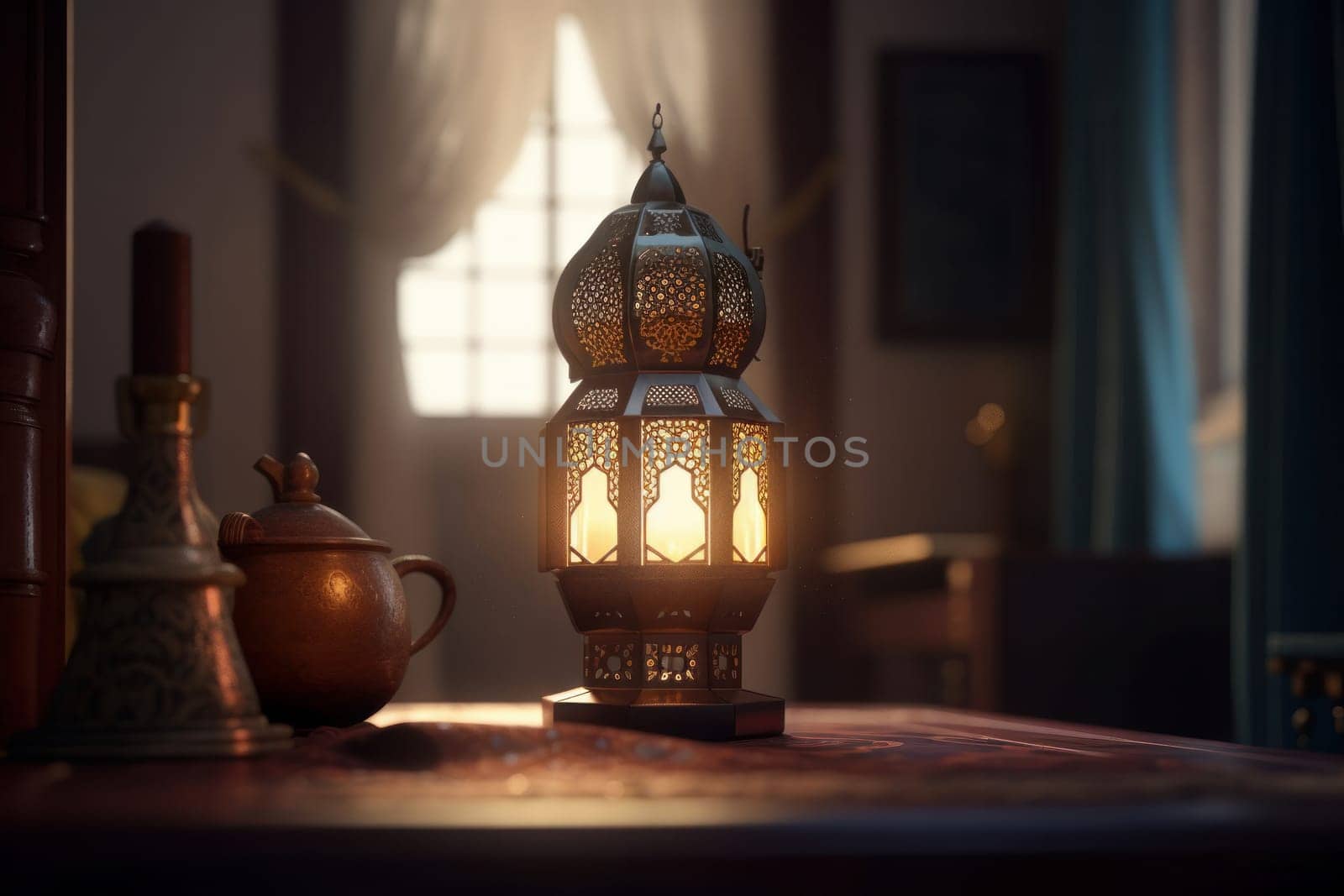 A traditional Ramadan lantern hanging from a decorative archway, with bokeh lights in the background. Perfect for festive and holiday themes. AI Generative.