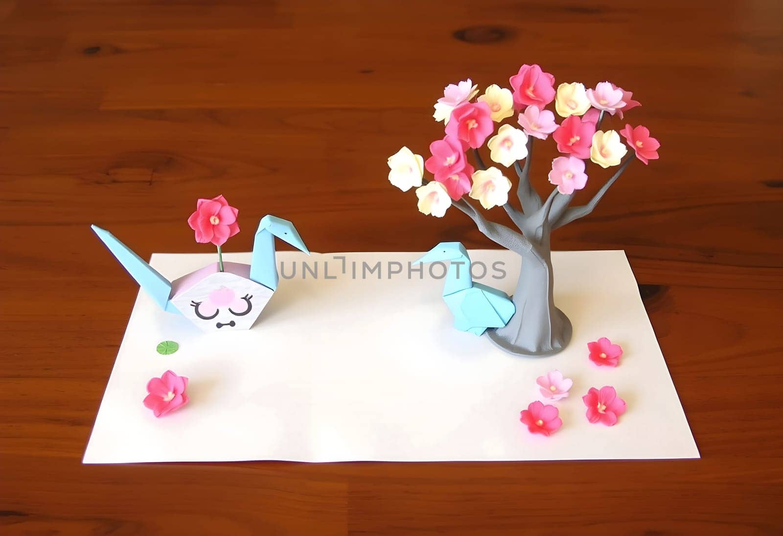 spring flowers bird origami paper color illustration 3d render summer day card generated AI alt beautiful