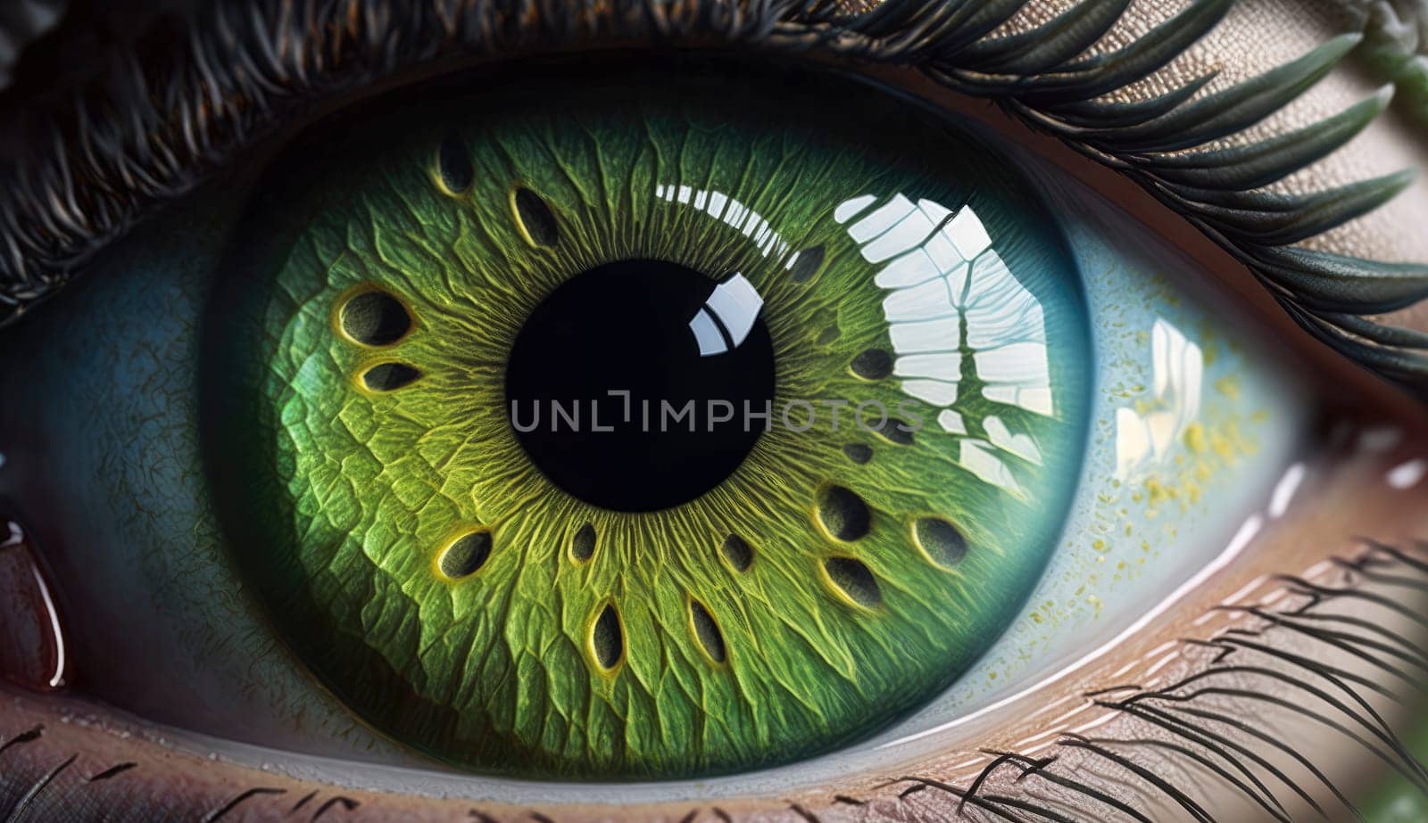 Illustration of  green eye close up created with Generative AI technology