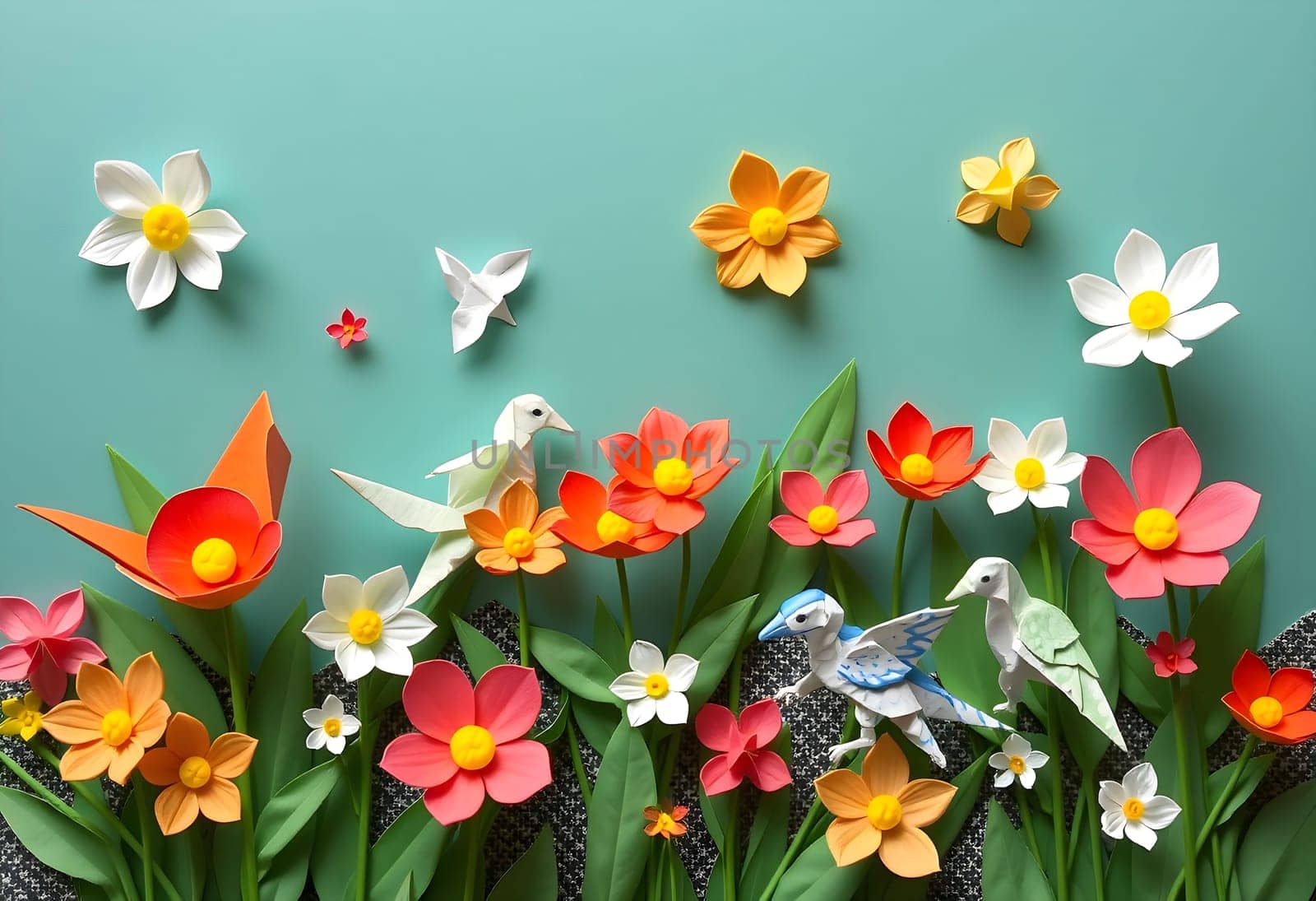 spring flowers bird origami paper color illustration 3d render summer day card generated AI alt beautiful