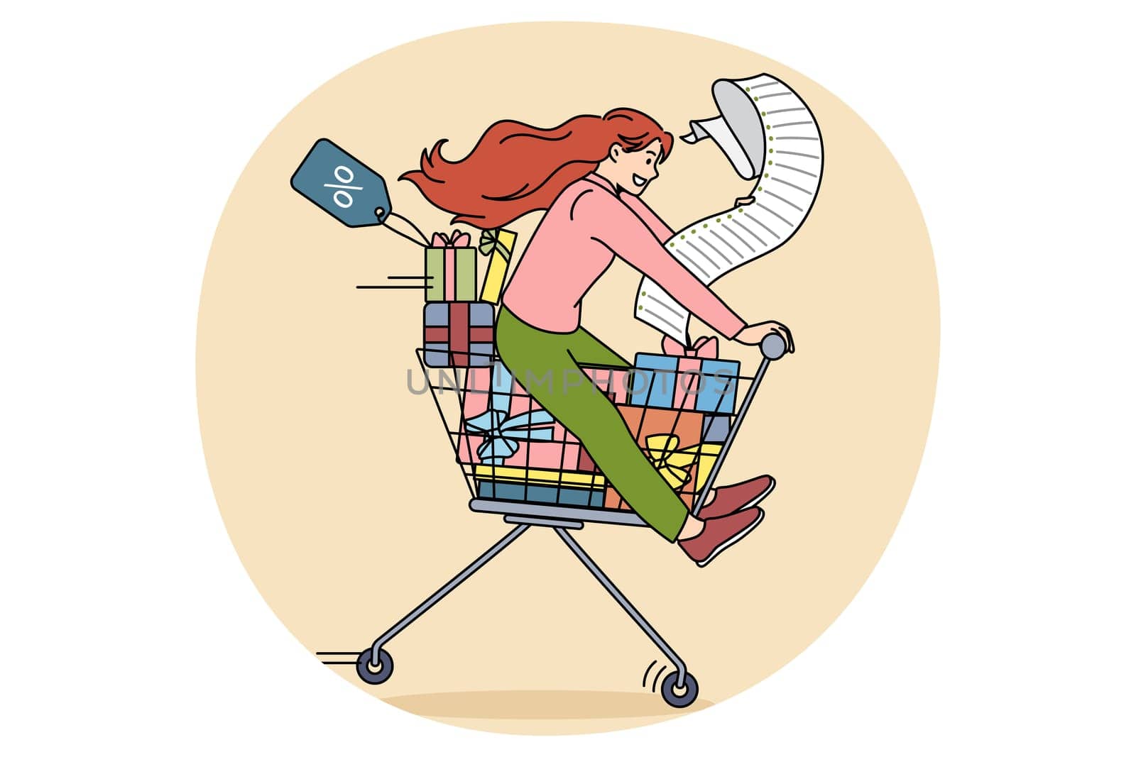 Shopping discounts and sales concept. Happy young excited woman riding on trolley with shopping bags and checks feeling positive vector illustration