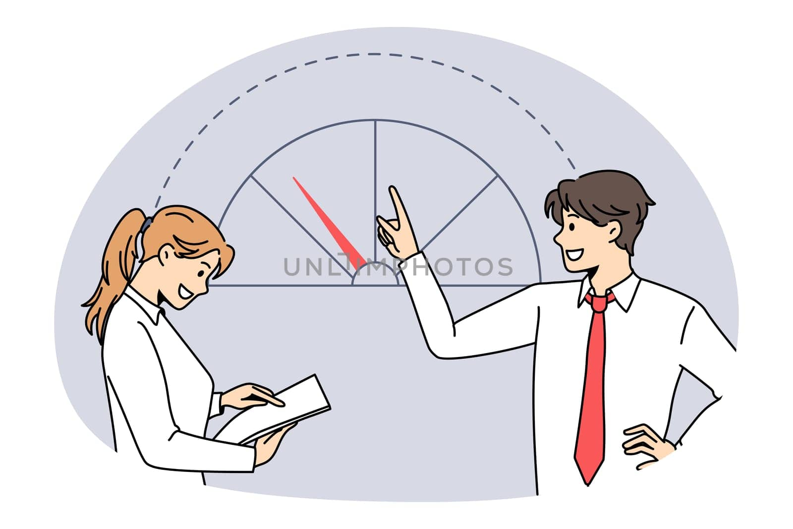 Business development and success concept. Business people colleagues standing discussing developing business meaning success and achieving result vector illustration