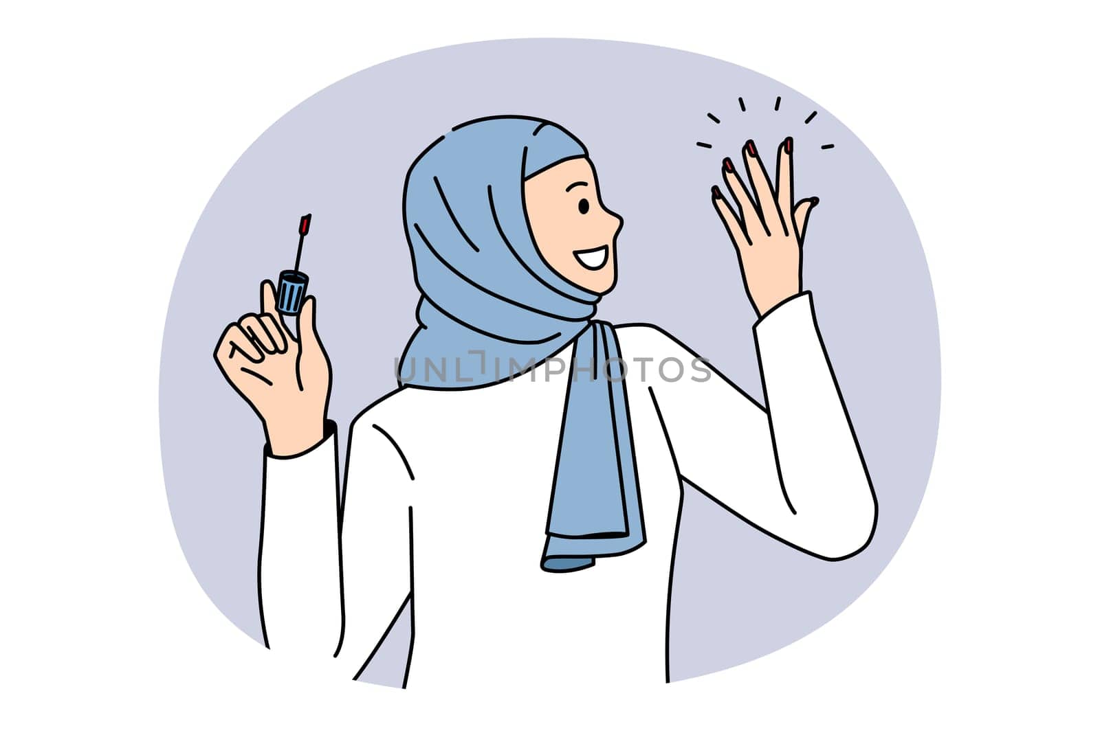 Modern Islam arabic women concept. Smiling positive arabic woman wearing traditional clothes and headwear painting her nails with polish vector illustration