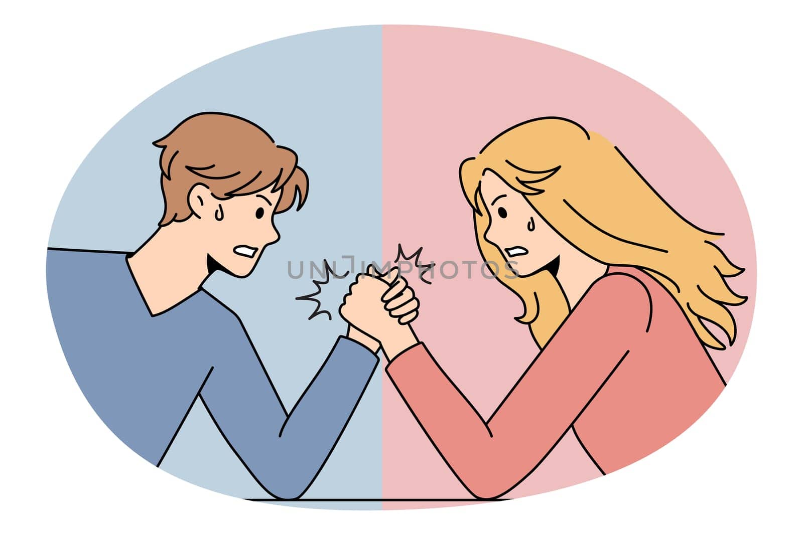 Gender conflicts and sexism concept. Furious Male and female competing in arm wrestling representing gender conflicts between each other vector illustration