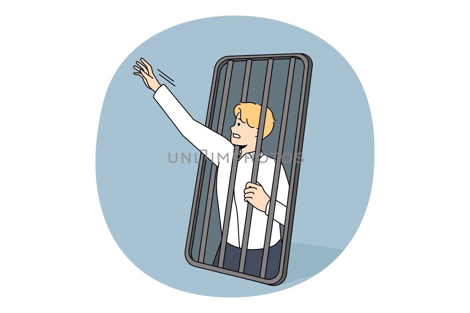 Phone and technologies addiction concept. Young stressed businessman trying to get freedom from smartphone cell feeling slave vector illustration