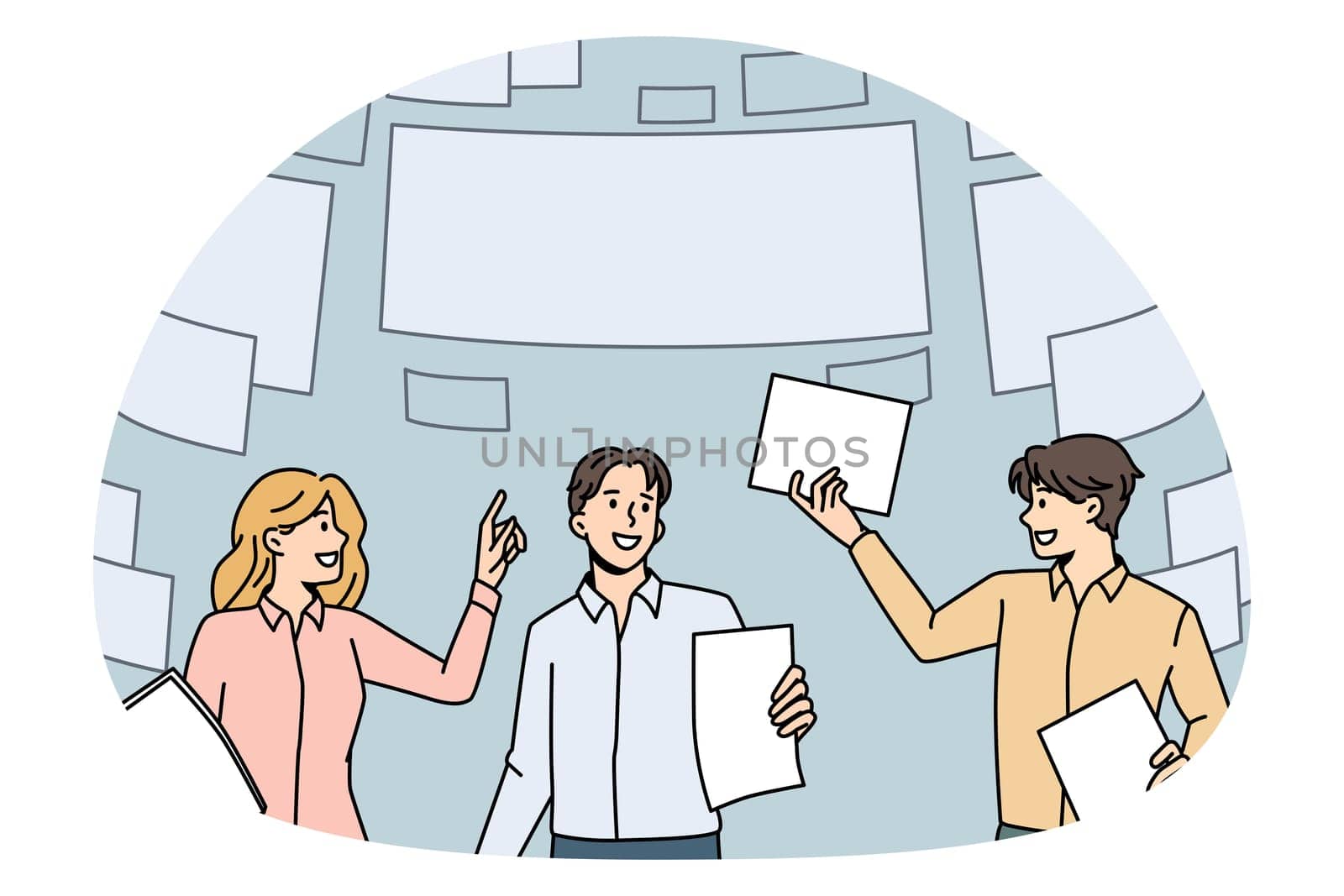 Document flow in business concept. Group of young business partners teammates standing with papers and flying documents above vector illustration