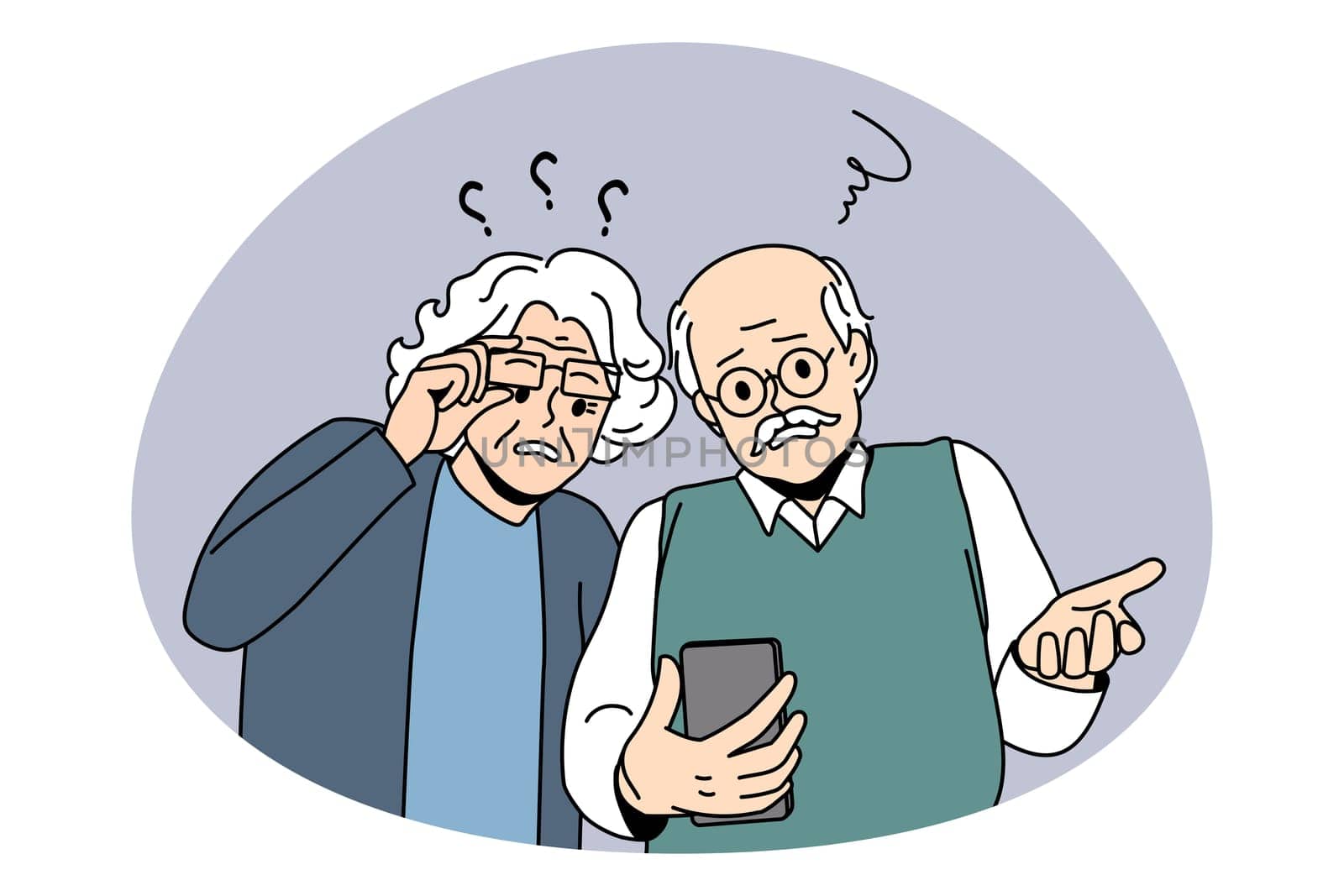 Mature people and technologies concept. Frustrated elderly couple looking at smartphone using internet having problems with gadget vector illustration