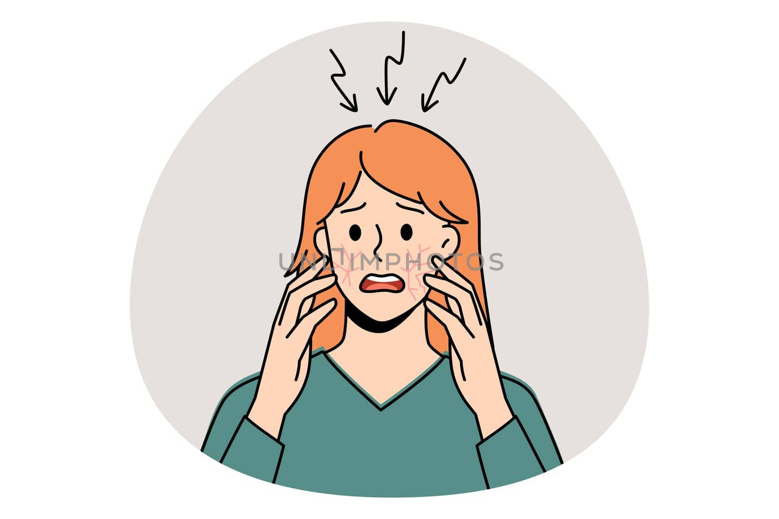 Itchy head and scalp concept. Stressed irritated woman standing and having itchy cheeks and scalp feeling problems with health vector illustration