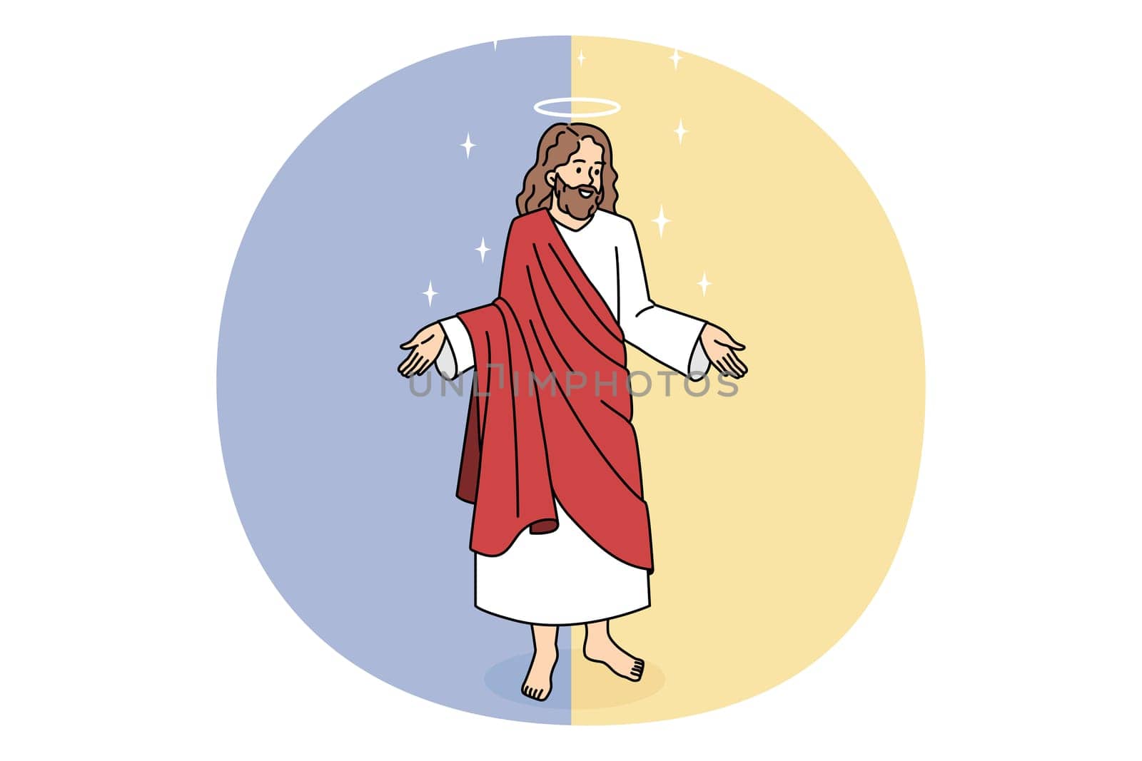 Bible and Jesus Christ concept. Kind smiling Jesus in red clothing standing and showing his big caring hands vector illustration