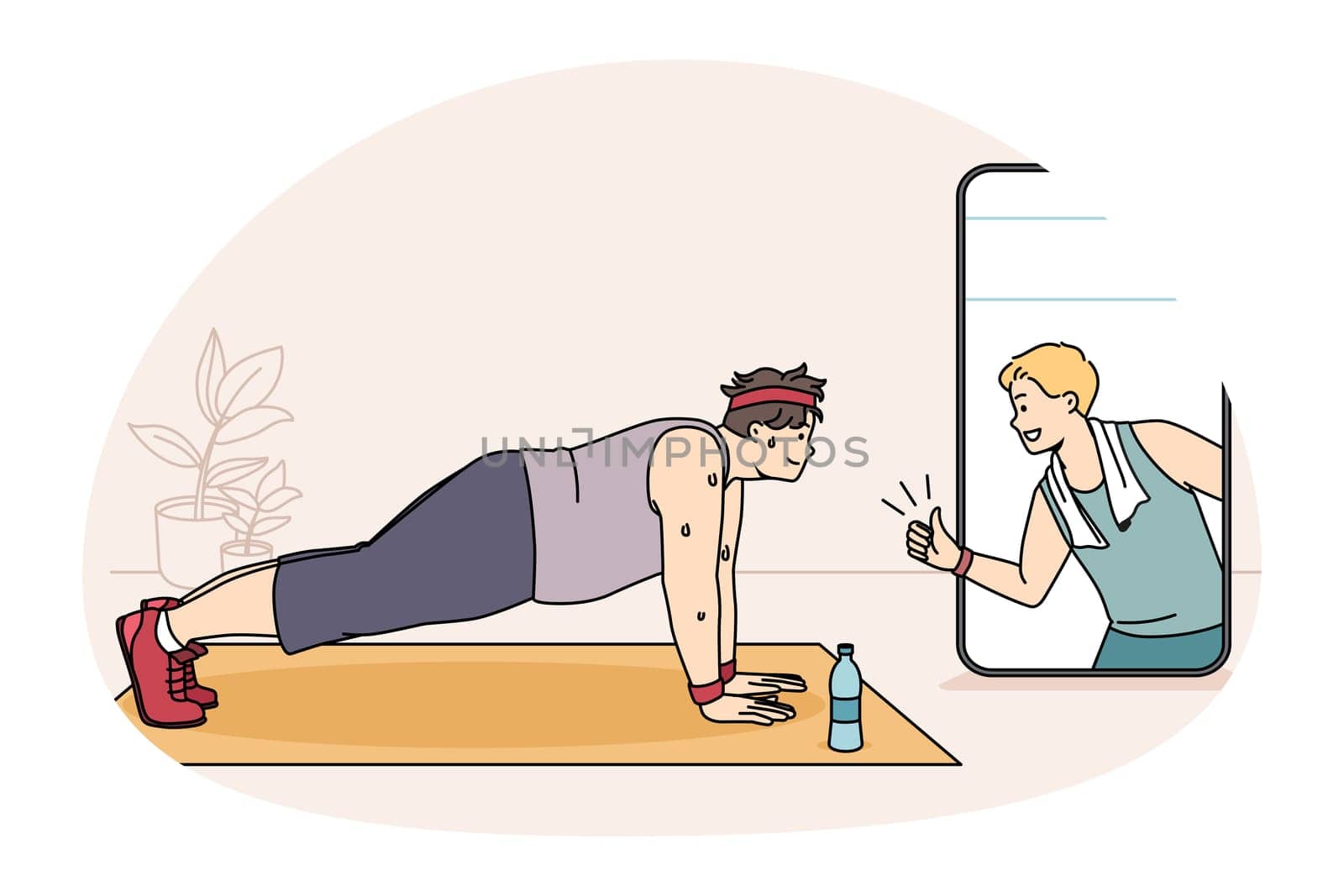 Online training and overweight concept. Smiling sweating fatty man doing sports fitness workout online looking at coach on smartphone screen at home vector illustration