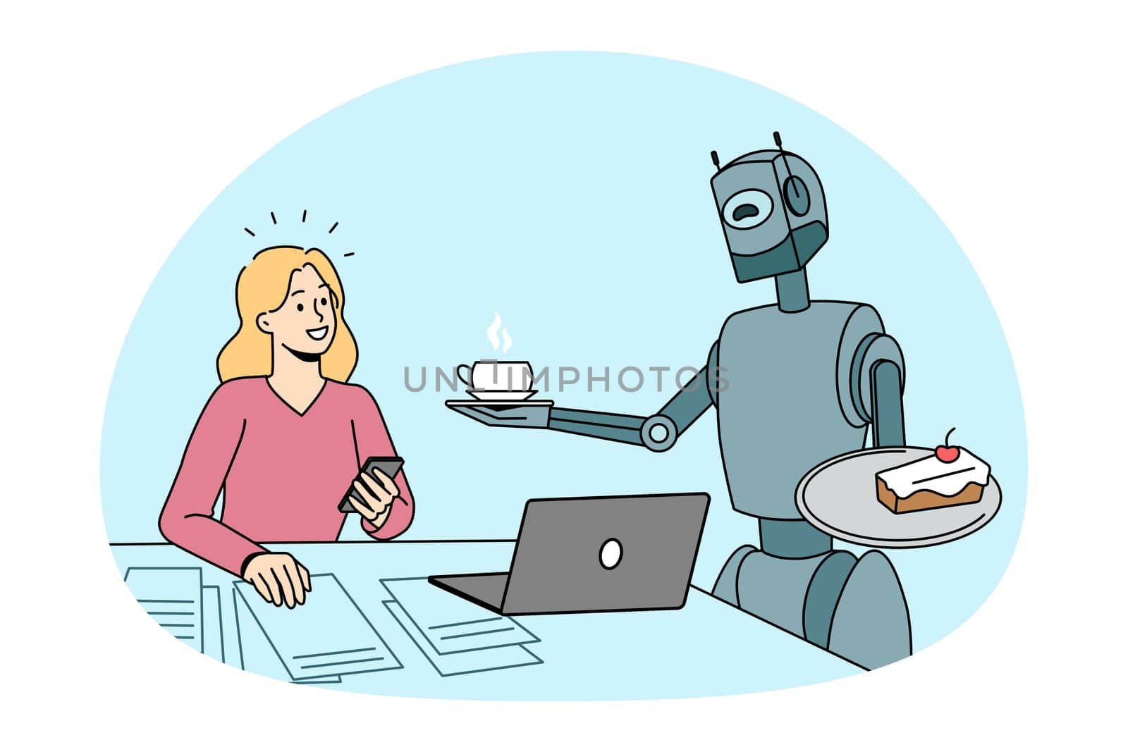 Future technologies and Artificial intelligence concept. Smiling girl sitting working and taking coffee and cake from robot bot communicating with her vector illustration