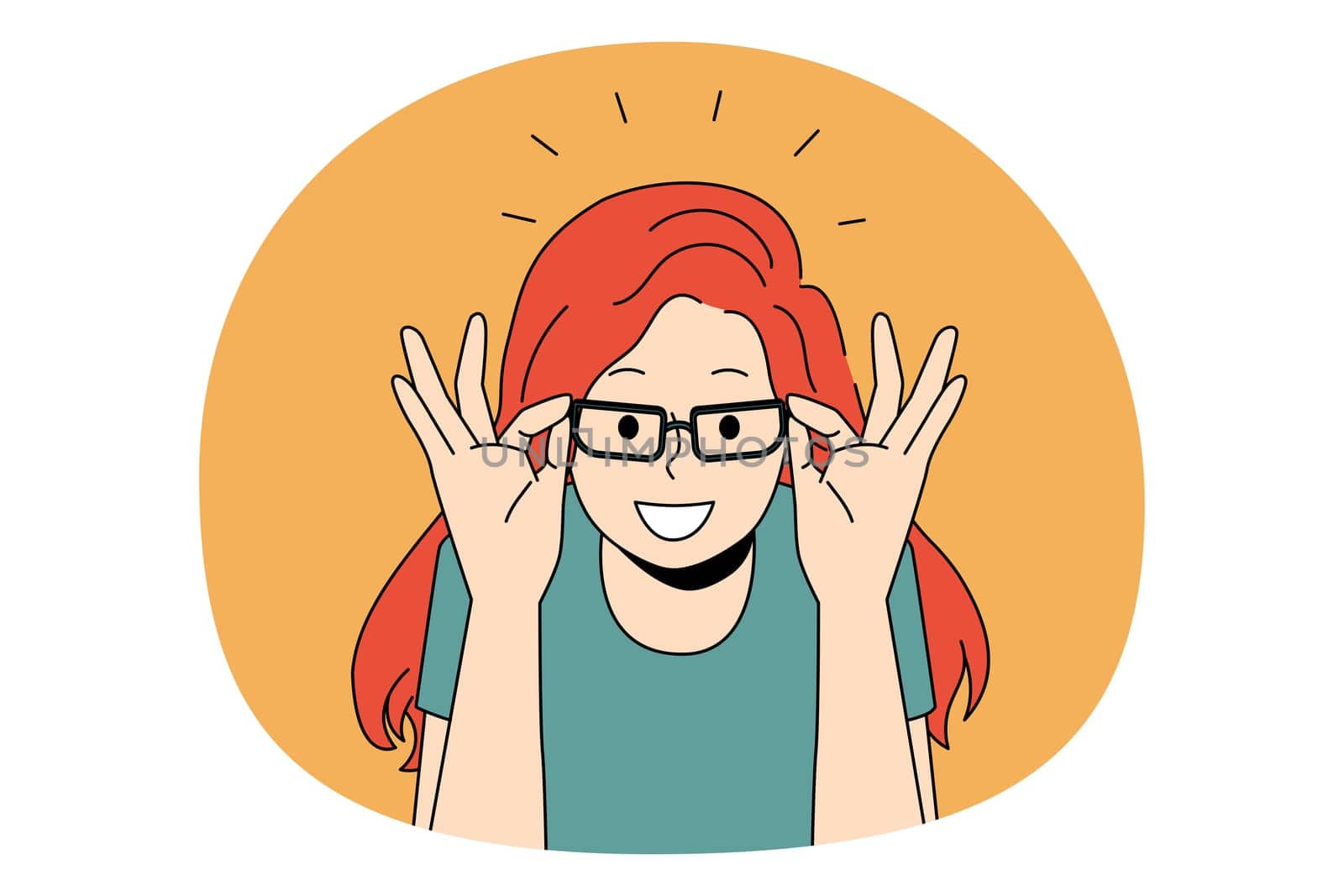 Eyewear and choosing eyeglasses concept. Smiling red haired girl trying on and choosing elegant eyeglasses in optic over orange background vector illustration