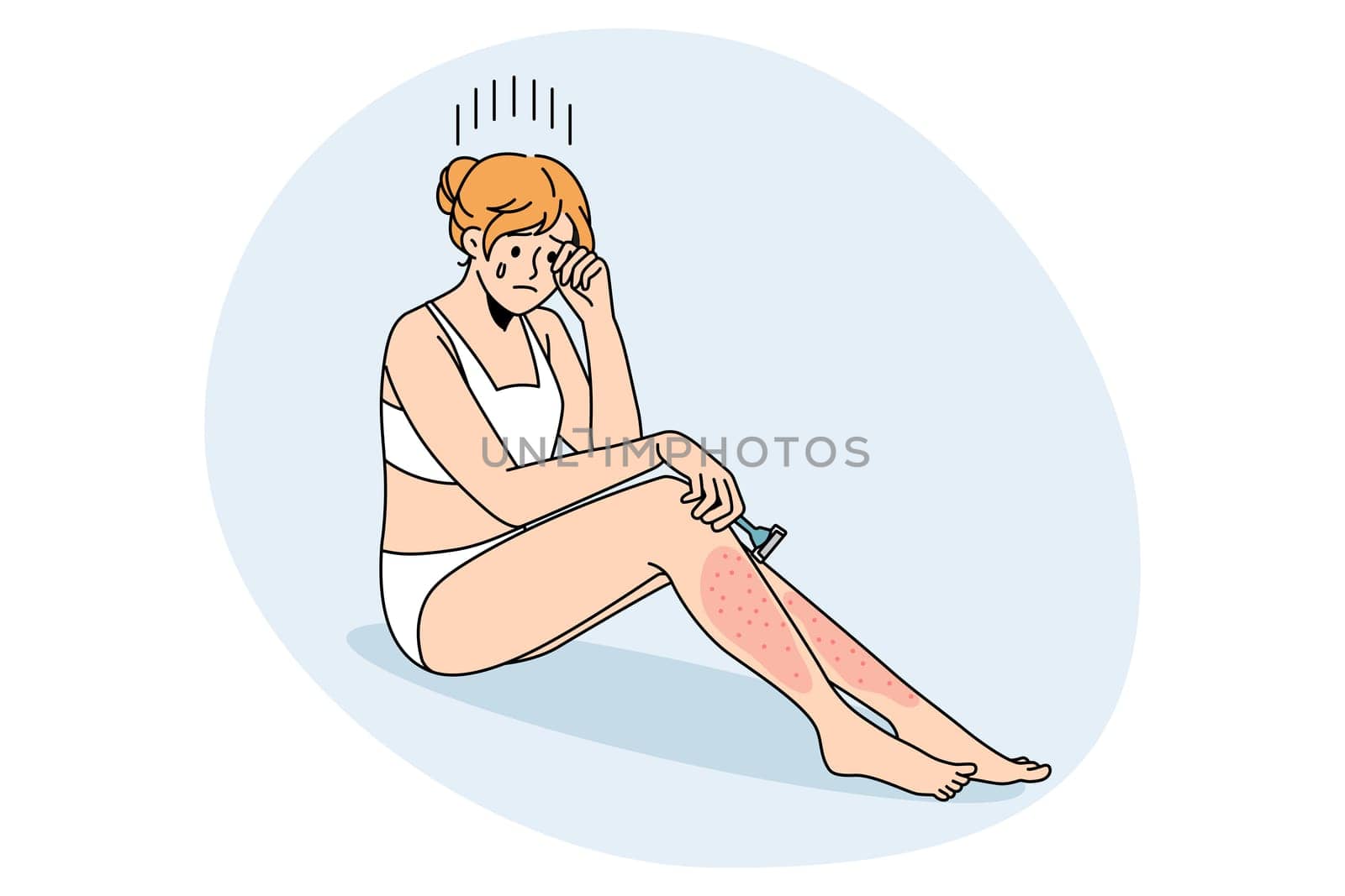Skin problems after shaving concept. Young crying female sitting with red sore legs having problems with shaving vector illustration
