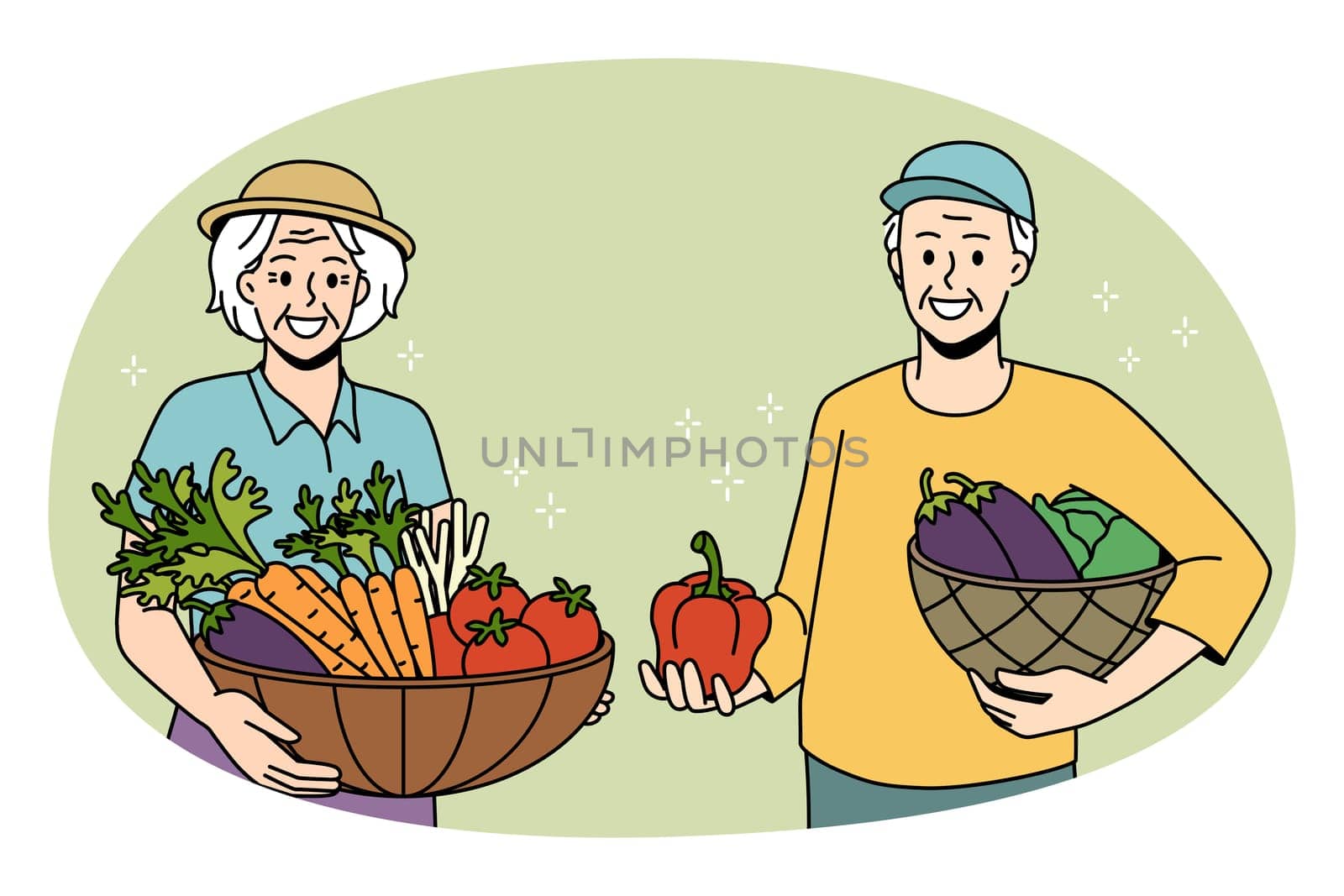 Agriculture farming and Harvesting concept. Smiling senior couple standing holding fresh produce from garden in hands in baskets vector illustration