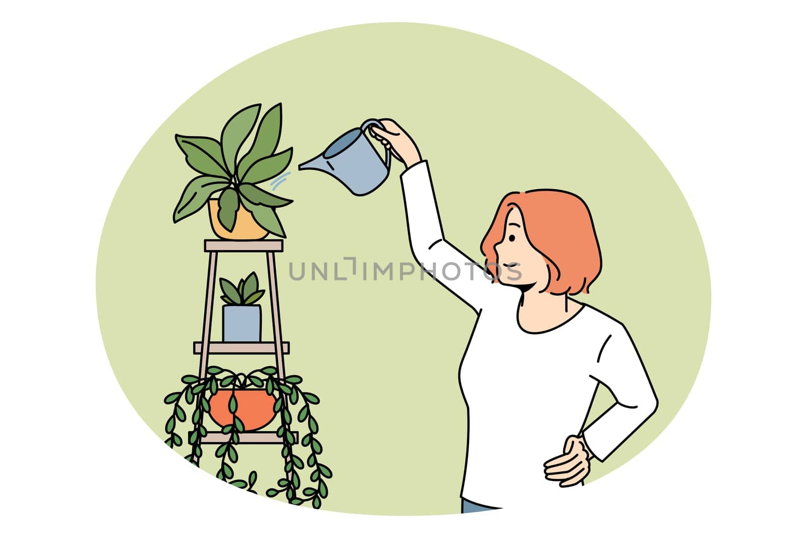 House plants and botany concept. Smiling woman standing and watering green growing house plants with can taking care vector illustration