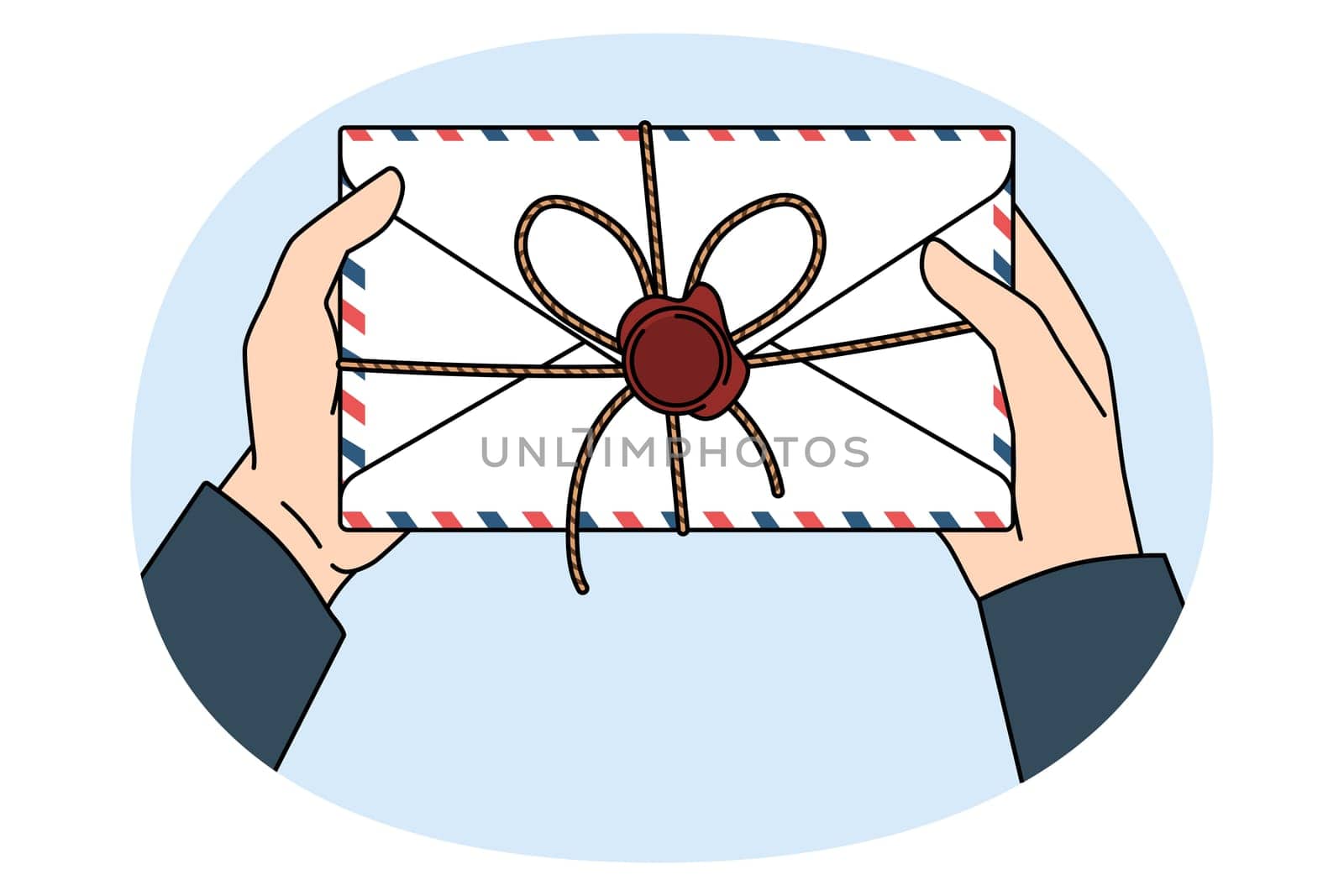 Post service and letter concept. Postman hands holding letter for person with official post stamp in envelope vector illustration