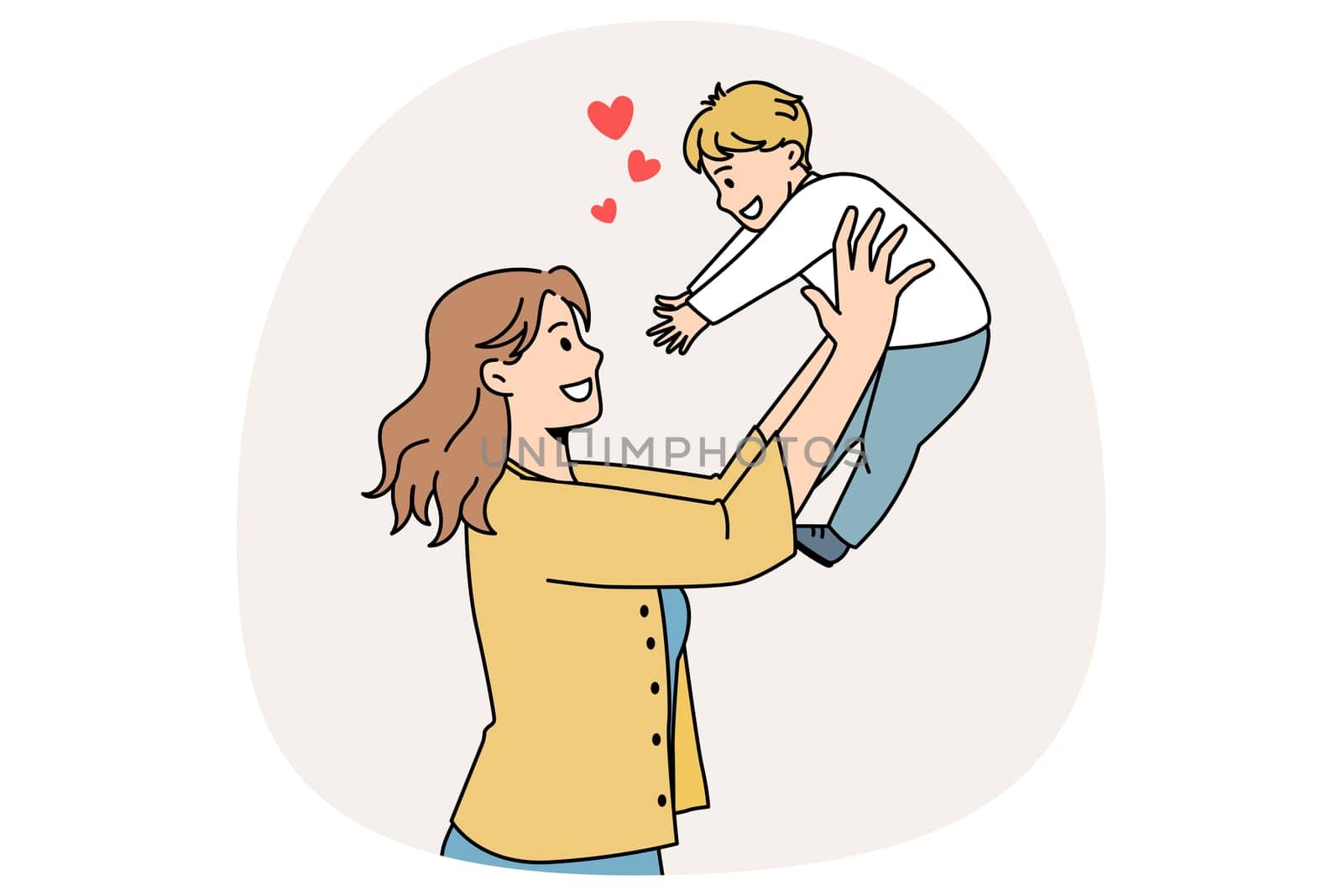 Happy parenthood and motherhood concept. Smiling young woman mother standing and holding her small baby boy reaching for her feeling love vector illustration