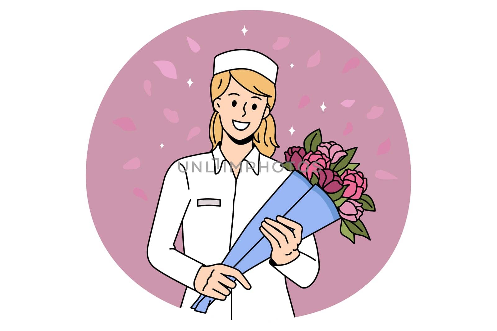 Thank you doctor and Nurses concept. Smiling woman doctor or nurse standing with bouquet of flowers fighting coronavirus vector illustration