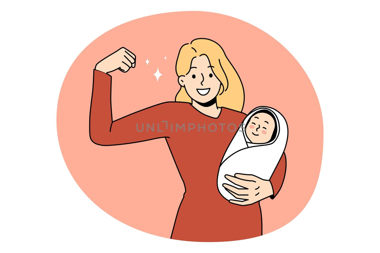 Superhero mother and strength concept. Young smiling woman mother standing holding newborn infant baby in hands showing strong arm vector illustration