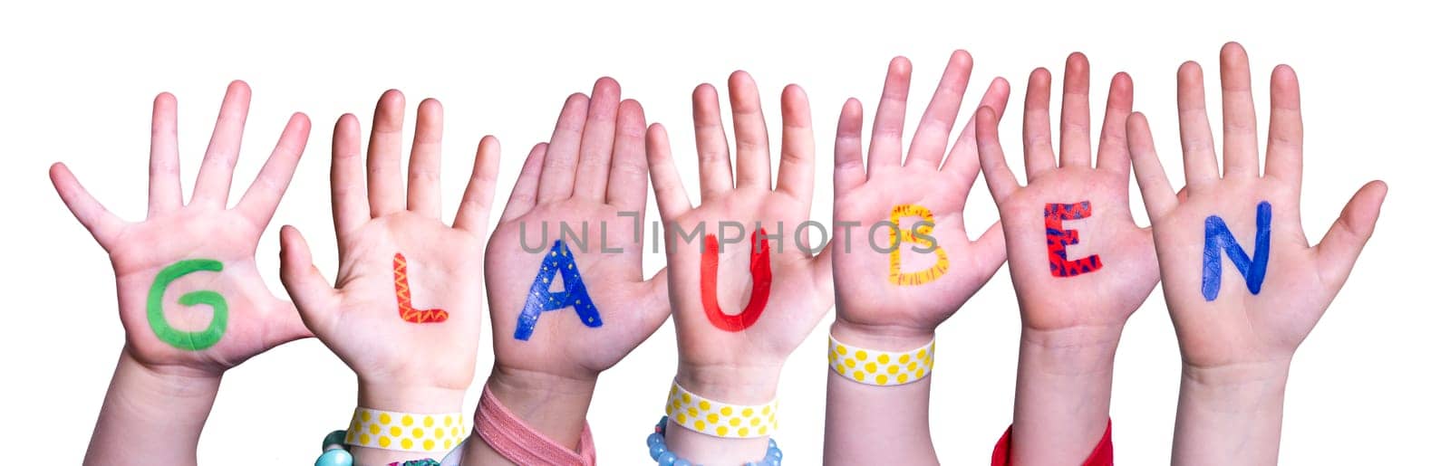 Children Hands Building Colorful German Word Glauben Means Believe. Isolated White Background.