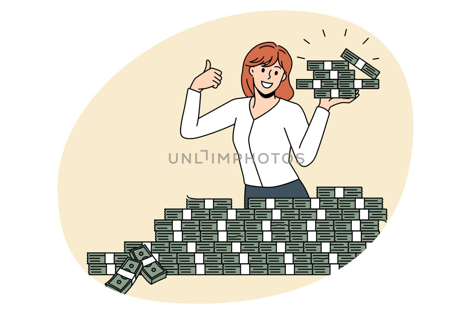 Financial success and big money concept. Smiling woman worker standing and holding heaps of cash money showing thumbs up sign vector illustration