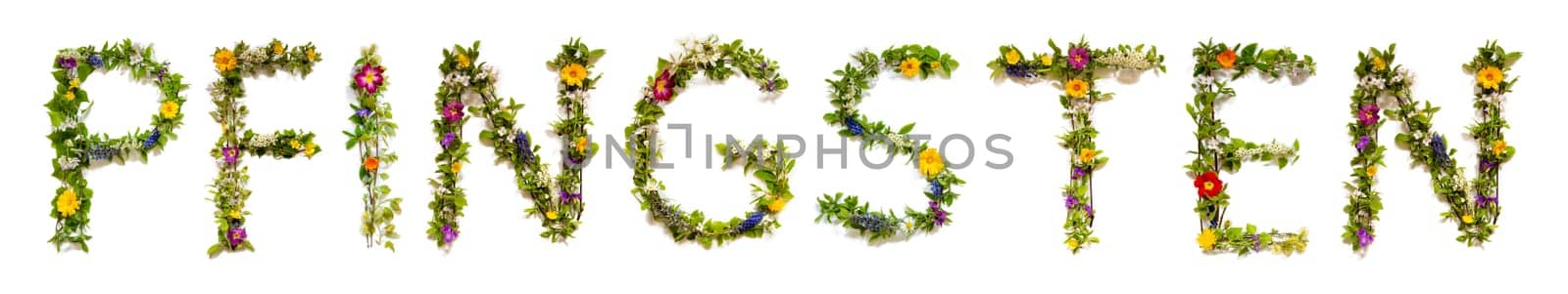 Blooming Flower Letters Building German Word Pfingsten Means Pentecost. Colorful Spring and Summer Blossoms. White Isolated Background.