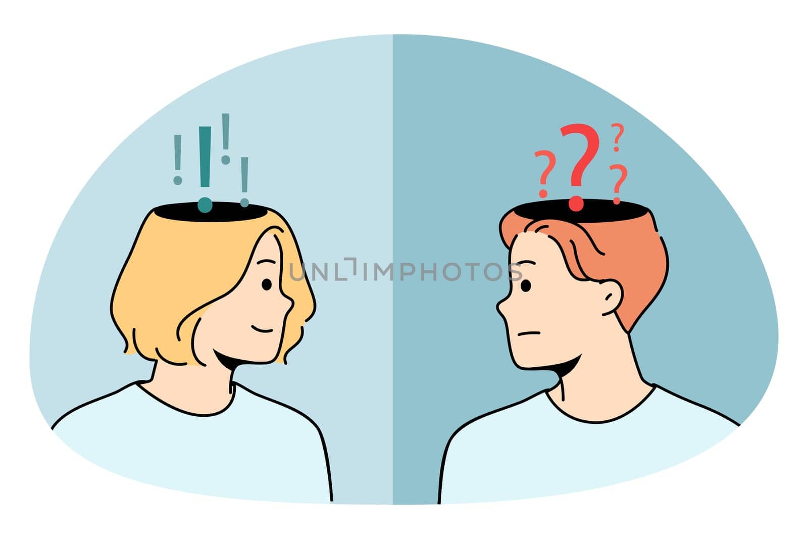 Doubt asking and declaiming concept. Frustrated man asking with question mask on head looking at confident woman having answer feeling sure vector illustration