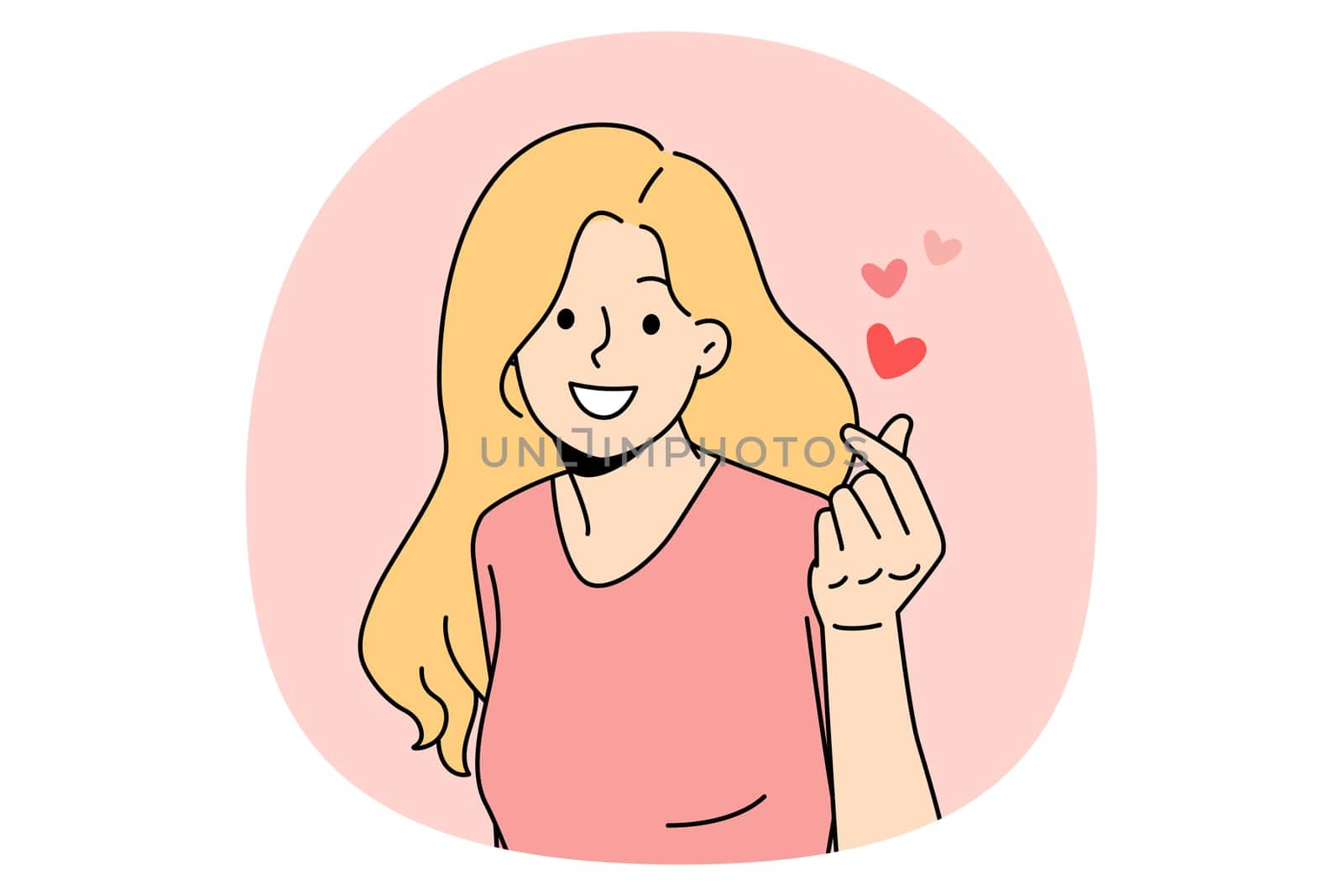 Expressing love and romance concept. Young positive girl feeling love and care in fingers and hands over pink air background vector illustration