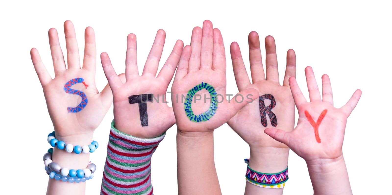 Children Hands Building Colorful English Word Story. Isolated White Background.