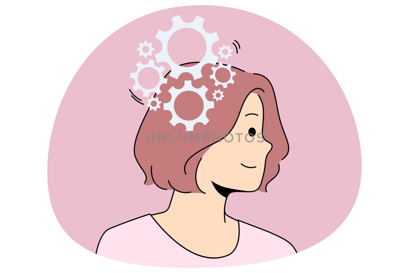 Having idea and creativity concept. Young smiling woman standing with gears working in head and brain having great innovative idea reaching for success in business vector illustration
