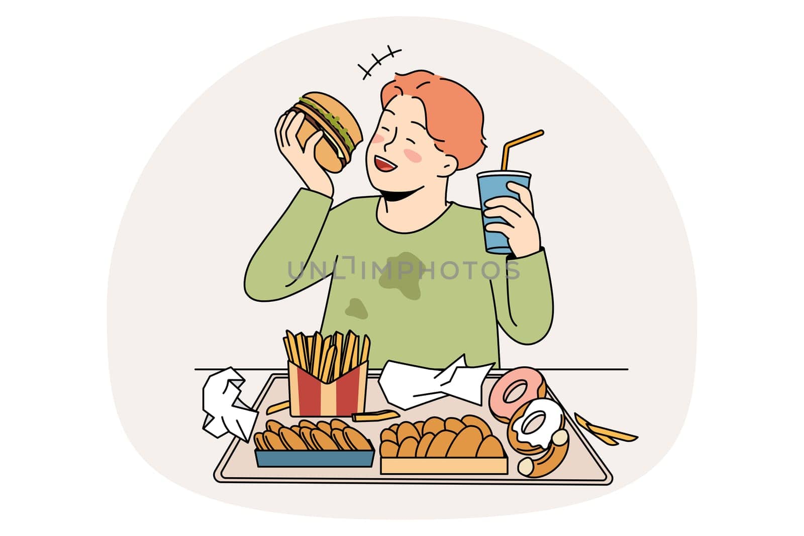 Unhealthy eating in childhood concept. Smiling cheerful fatty boy sitting and eating hamburger donuts french fries drinking lemonade enjoying junk food vector illustration