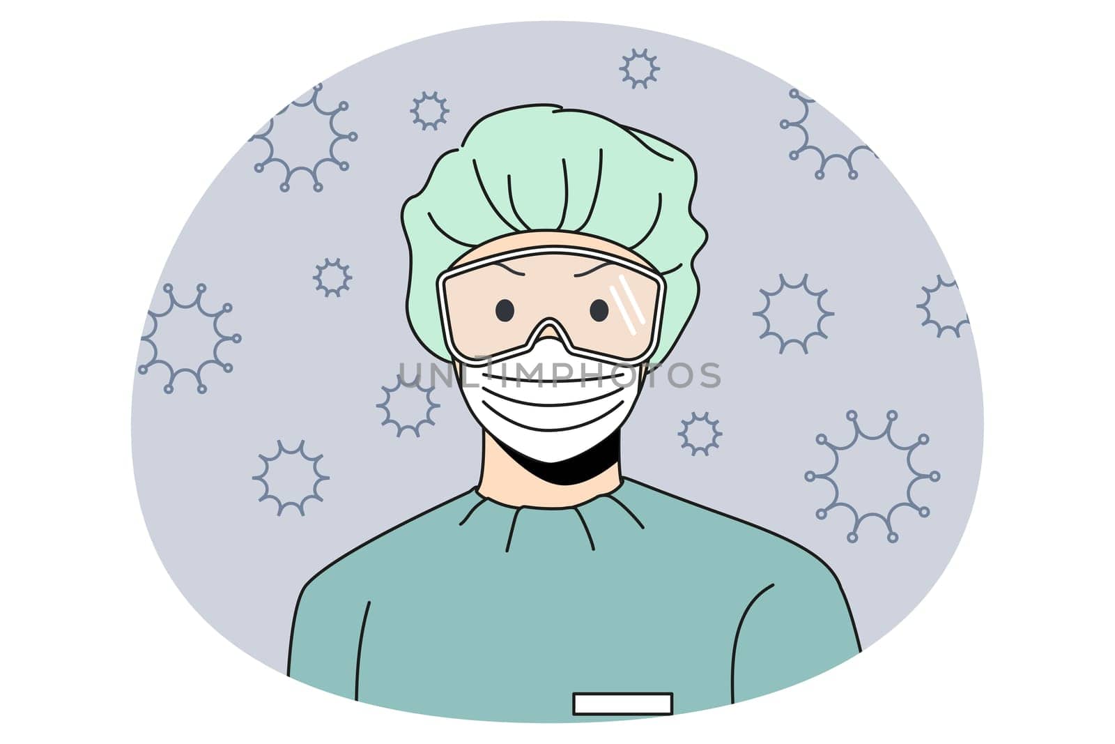 Protective work wear and pandemic concept. Doctor wearing hat mask glasses and uniform standing during covid-19 epidemic and bacterias flying around vector illustration