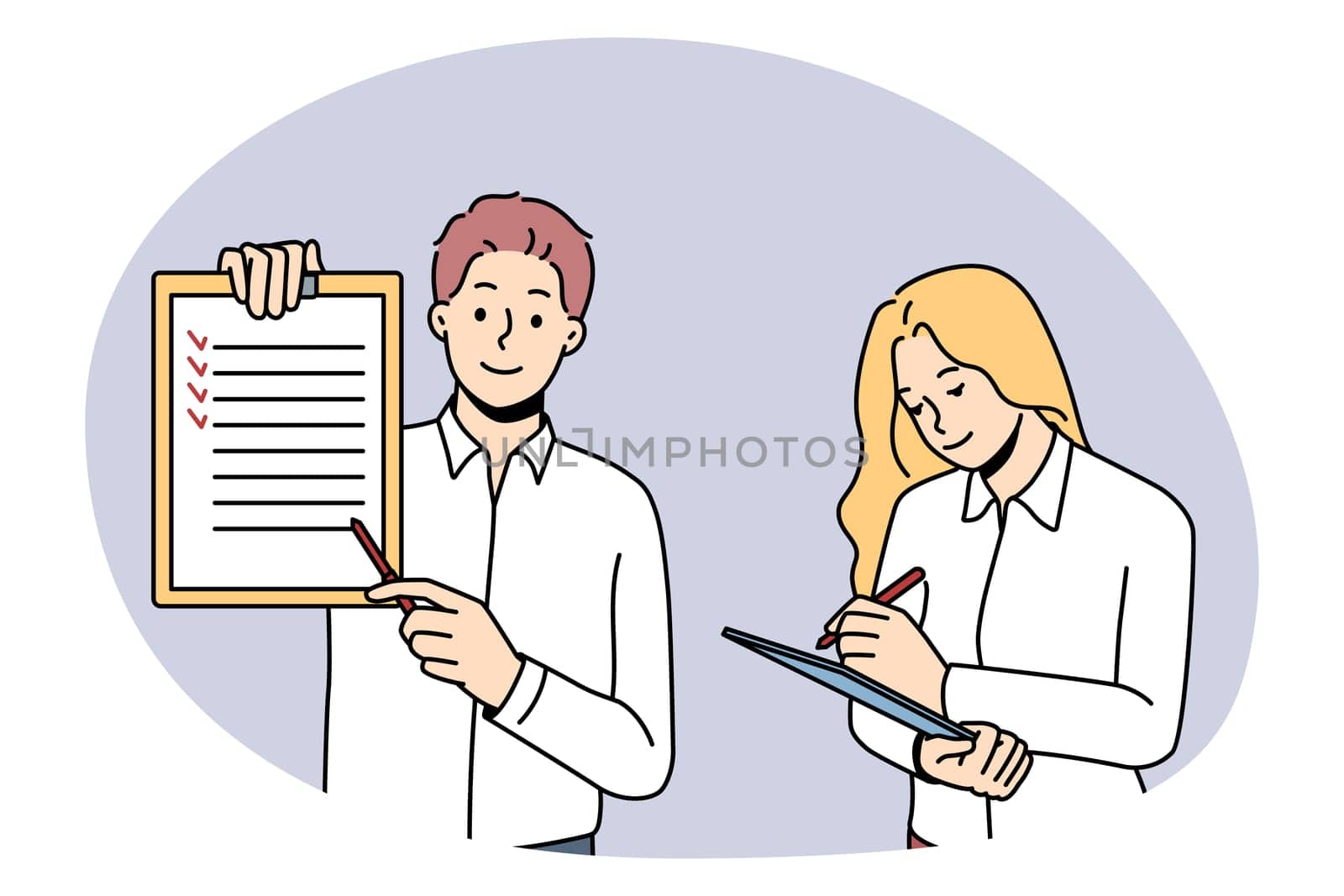 Business training and coach concept. Young smiling businessman coach trainer standing and showing presentation teaching young woman worker vector illustration