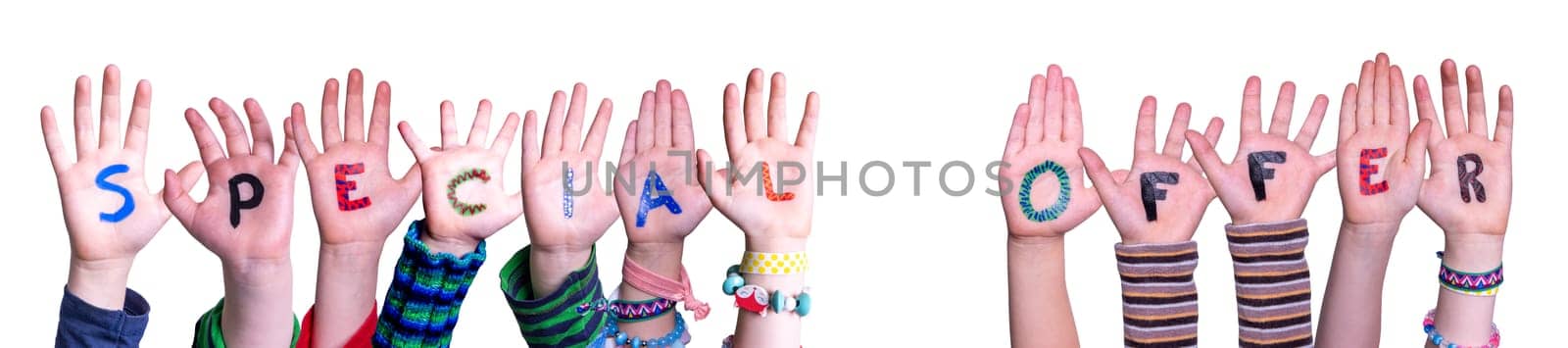 Children Hands Building Colorful English Word Special Offer. Isolated White Background.