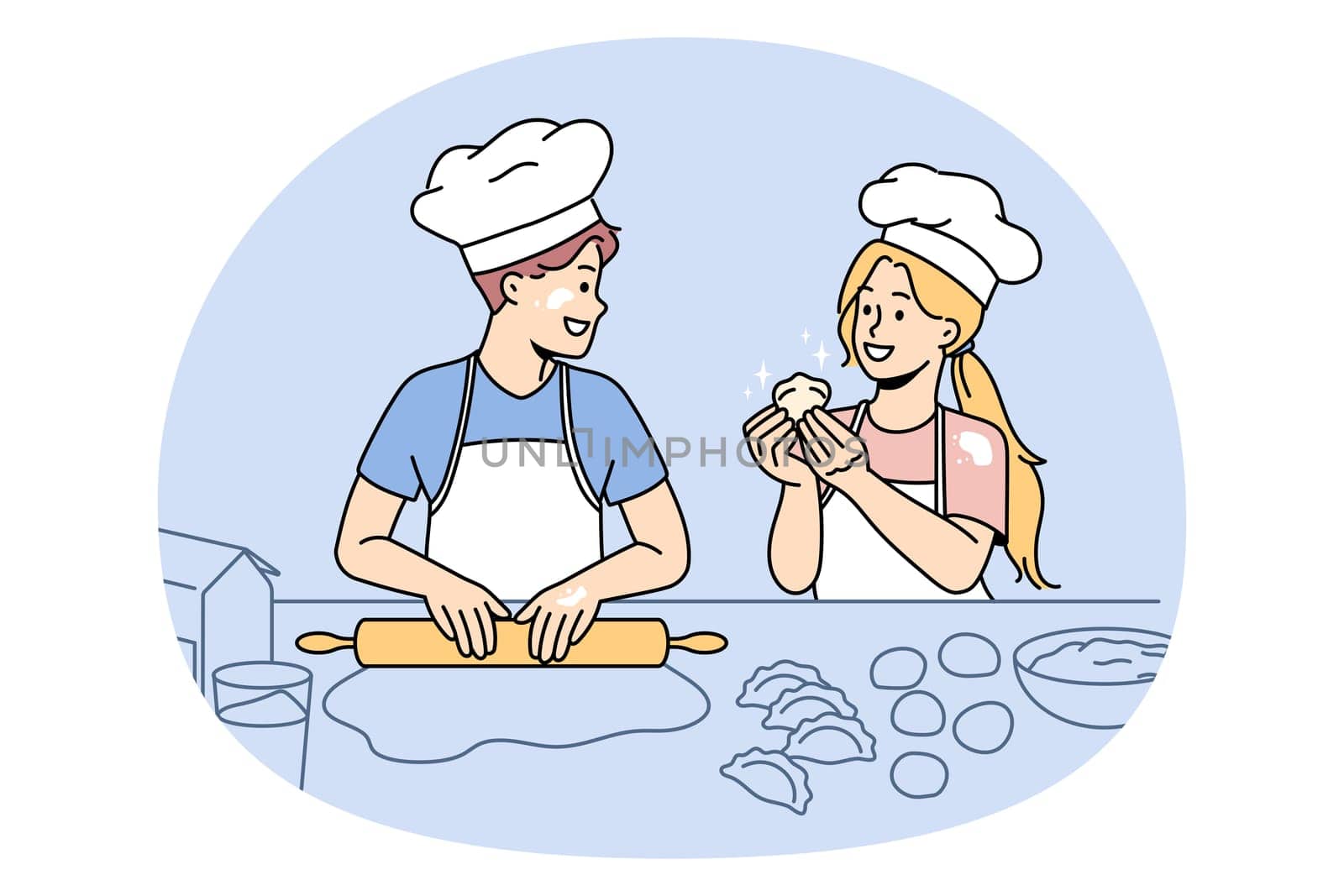 Baking and leisure fun concept. Happy excited children kids standing wearing chef hats cooking baking dumplings together in kitchen vector illustration