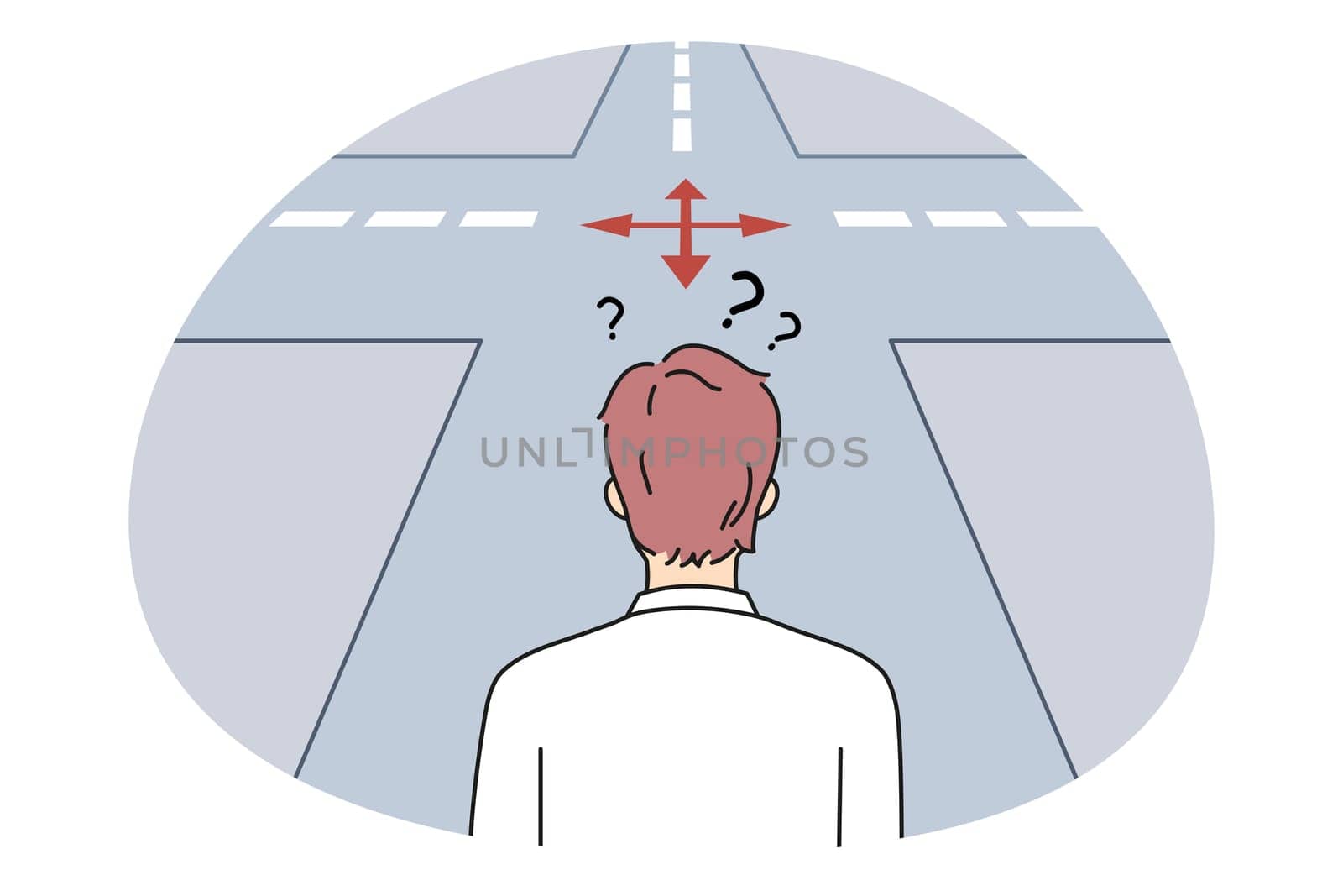 Frustration and choosing way concept. Businessman standing backwards and thinking trying to choose between many opportunities and ways making choice vector illustration