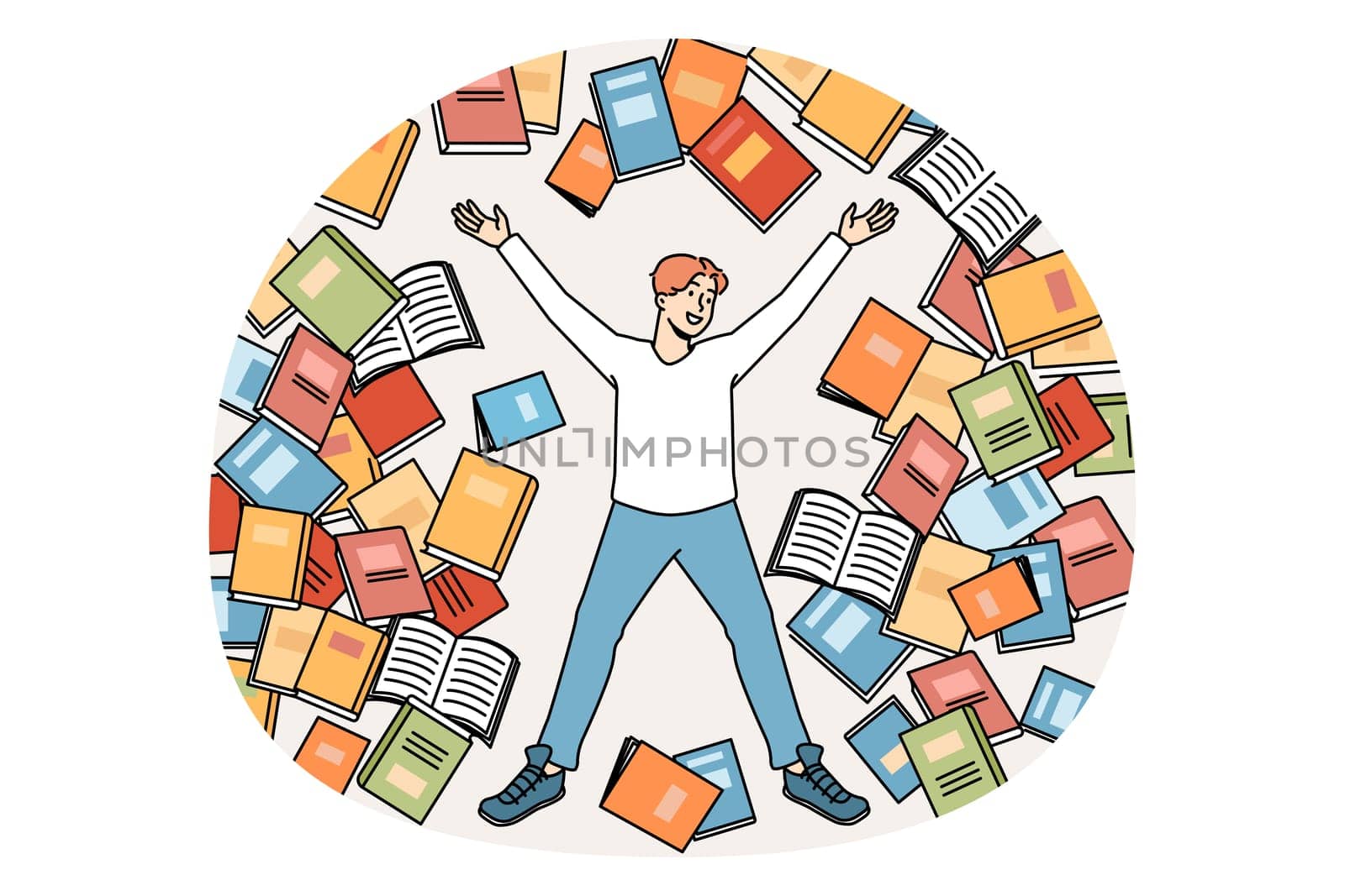 Reading books and knowledge concept. Smiling boy student looking at various books flying around getting prepared for exam and knowledge vector illustration