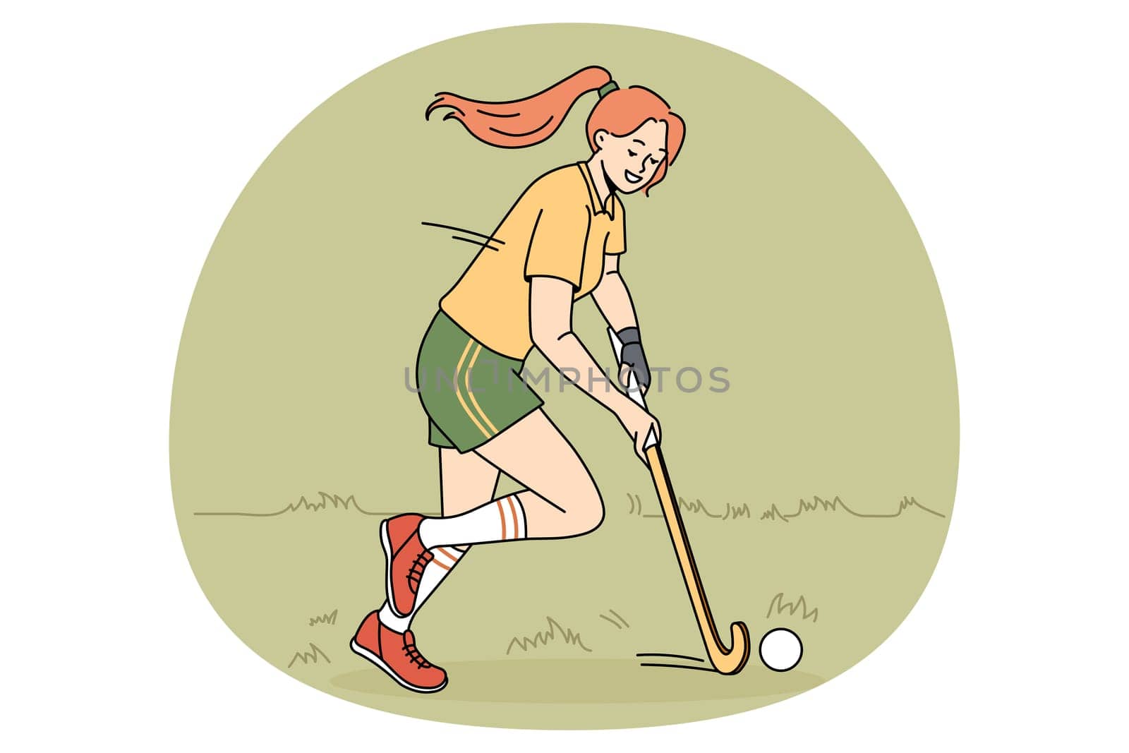 Playing golf and sport concept. Smiling teen girl playing golf with club wearing sportswear taking park in competition on grass vector illustration