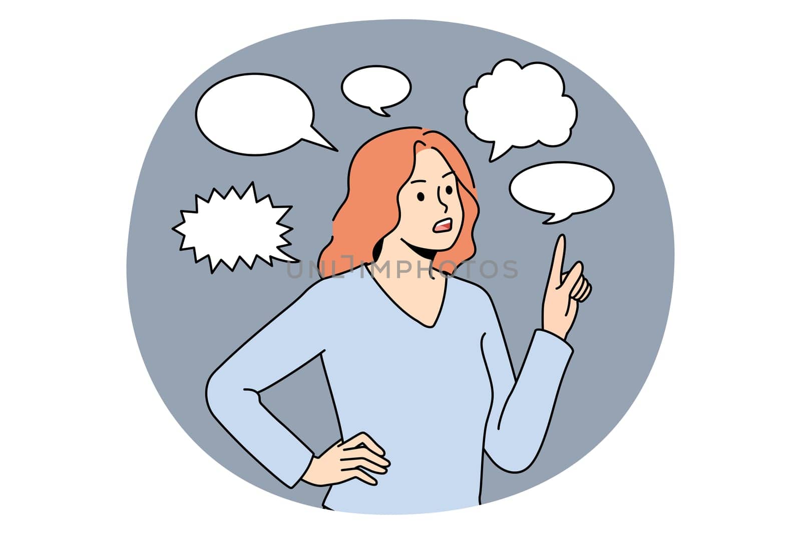 Thinking communication and chat concept. Young frustrated woman standing pointing at speech bubble above communicating thinking vector illustration