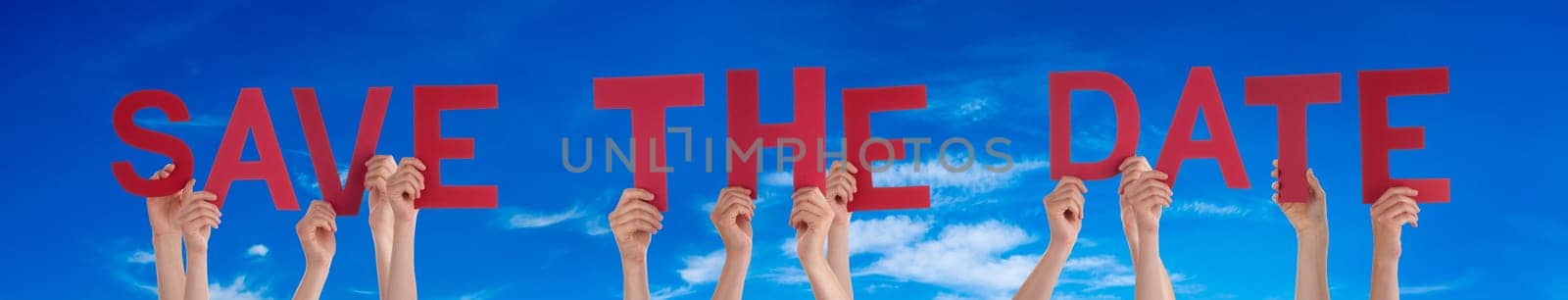 People Or Persons Hands Building English Word Save The Date. Summer Ocean, Sea And Beach As Background.