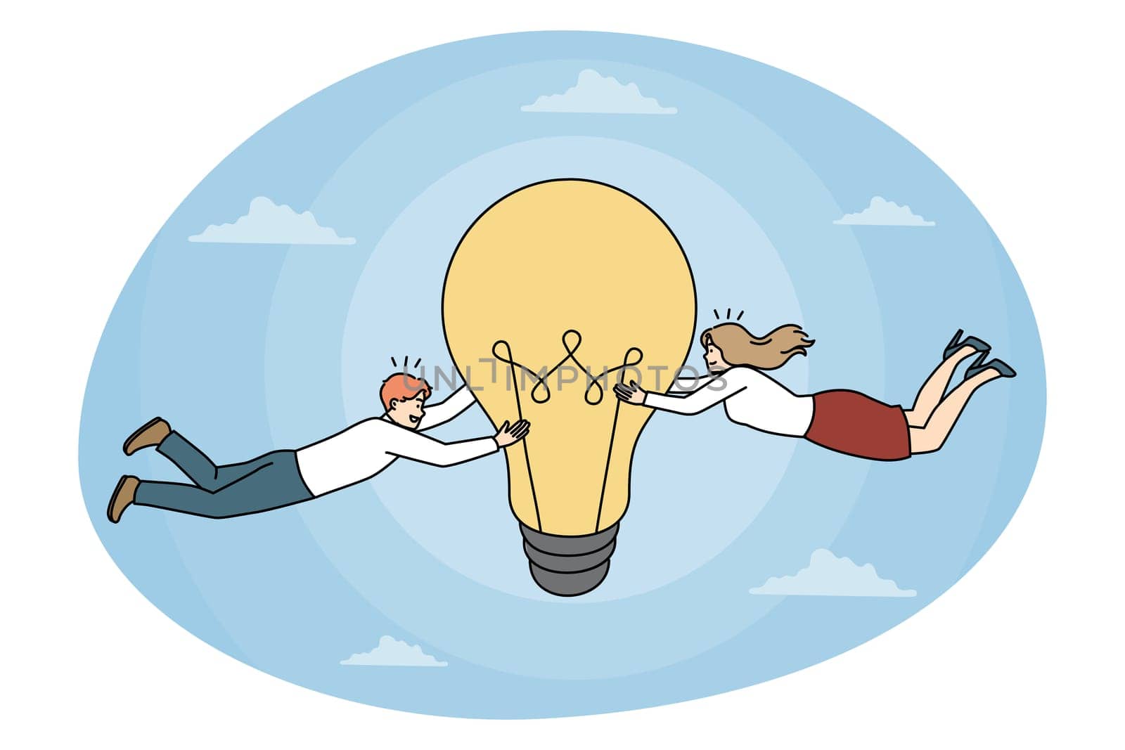 Business creativity and Teamwork concept. Young smiling partners colleagues teammates having great innovative idea reaching for success in business vector illustration