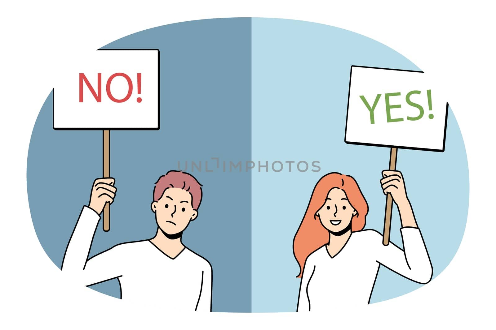 Saying yes or no concept. Young positive woman holding yes sign when negative man holding no sign in hands opposite decisions vector illustration