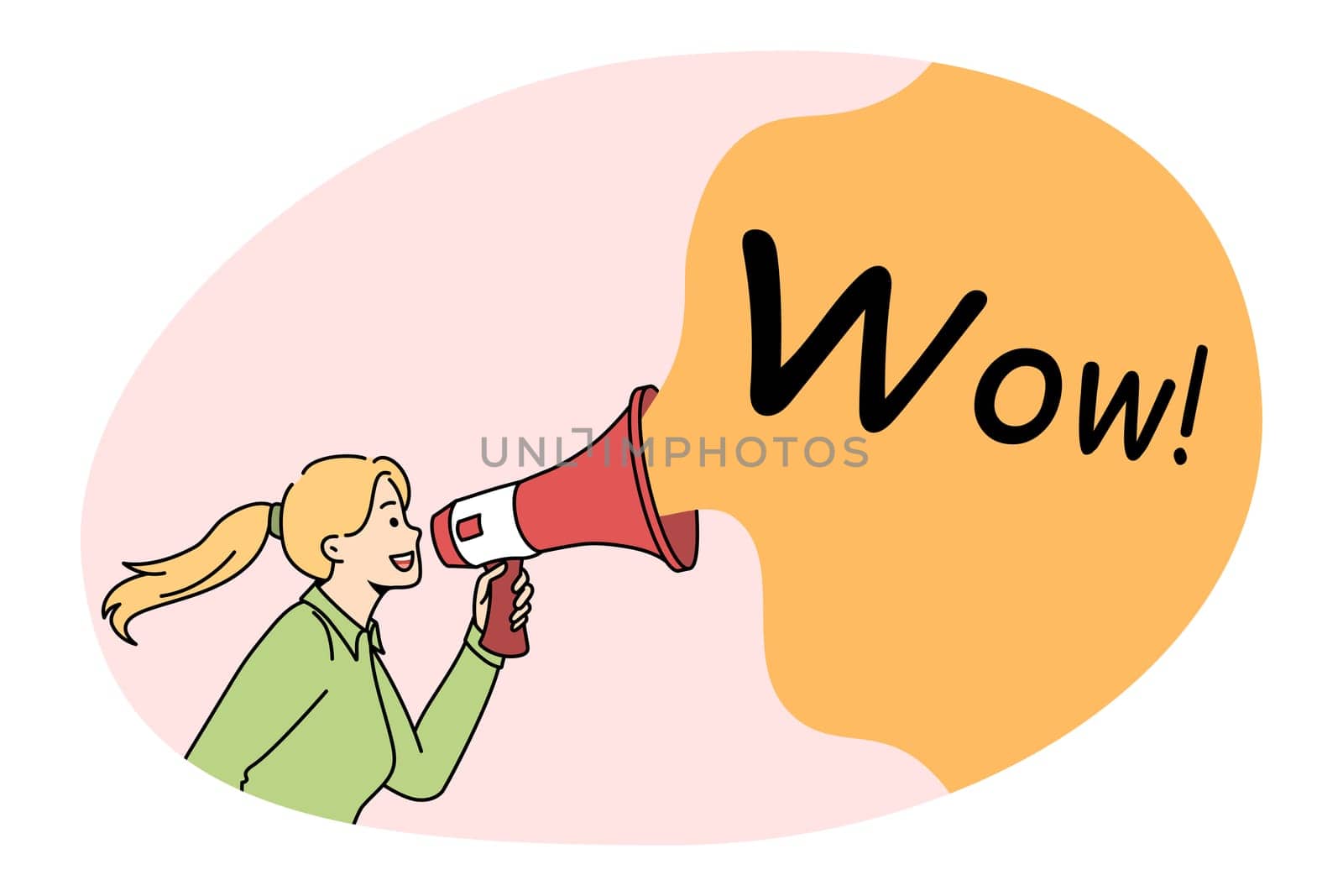 Announcement Getting attention and promotion concept. Young businesswoman standing and shouting at megaphone speaker with wow lettering sign vector illustration