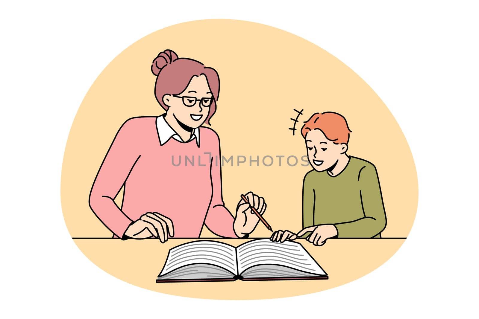 Education teaching and learning concept. Smiling boy pupil and woman teacher sitting and reading book together getting knowledge vector illustration