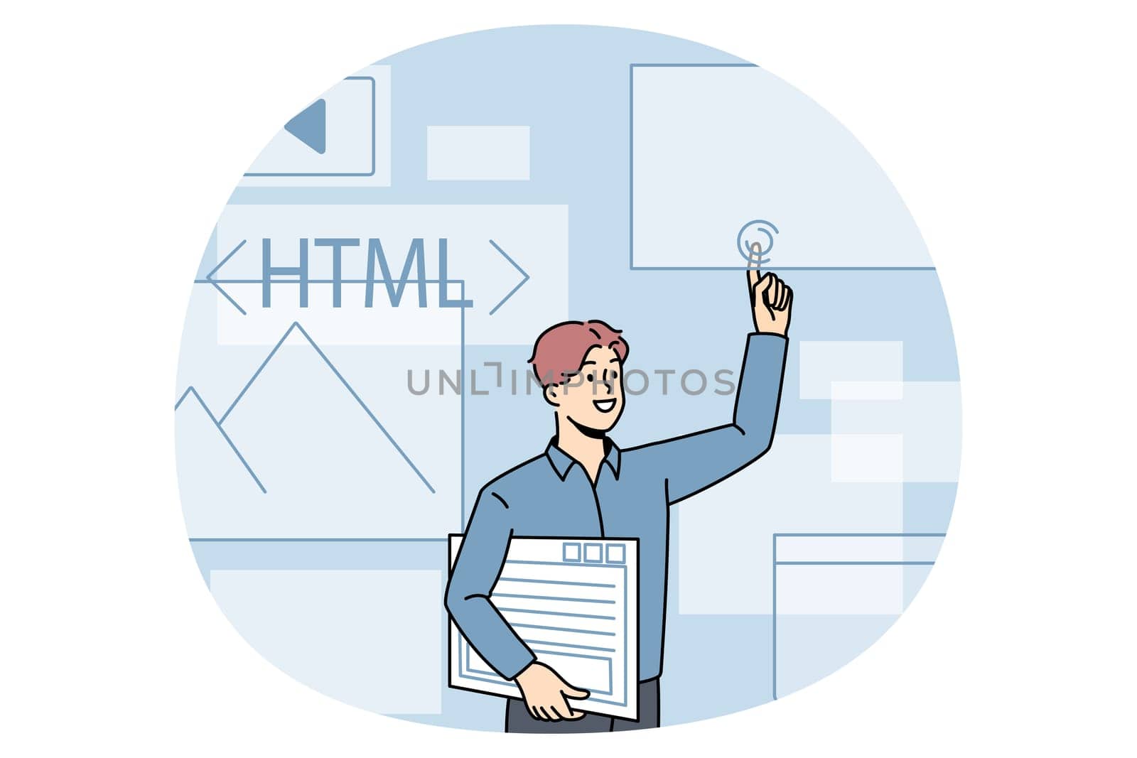 Computer programming and html concept. Young man web designer computer programmer standing and pointing at emails html and graphics vector illustration