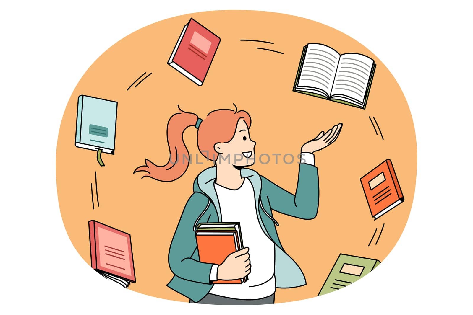 Education and reading books concept. Smiling girl student standing and looking at various books flying around her getting prepared for exam vector illustration