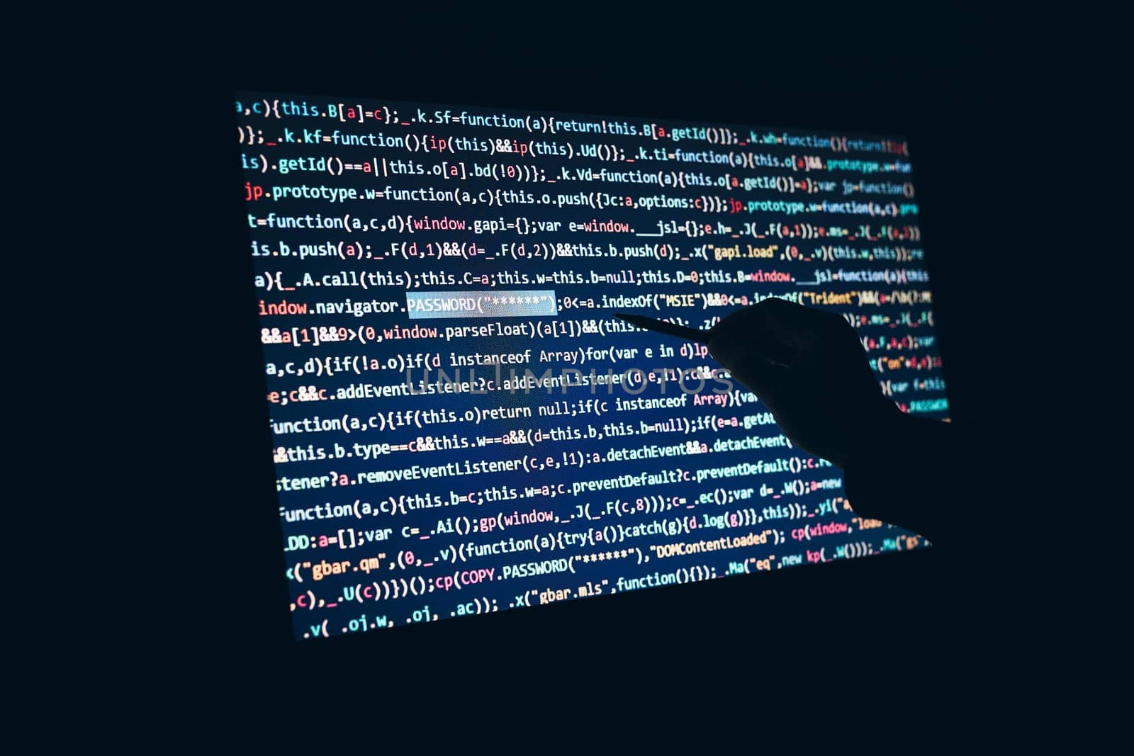 Cyber security. Screen with program code. Using computer and programming to break code. Internet and network security. Stealing private information. Person using technology to steal password and private data. Cyber attack crime