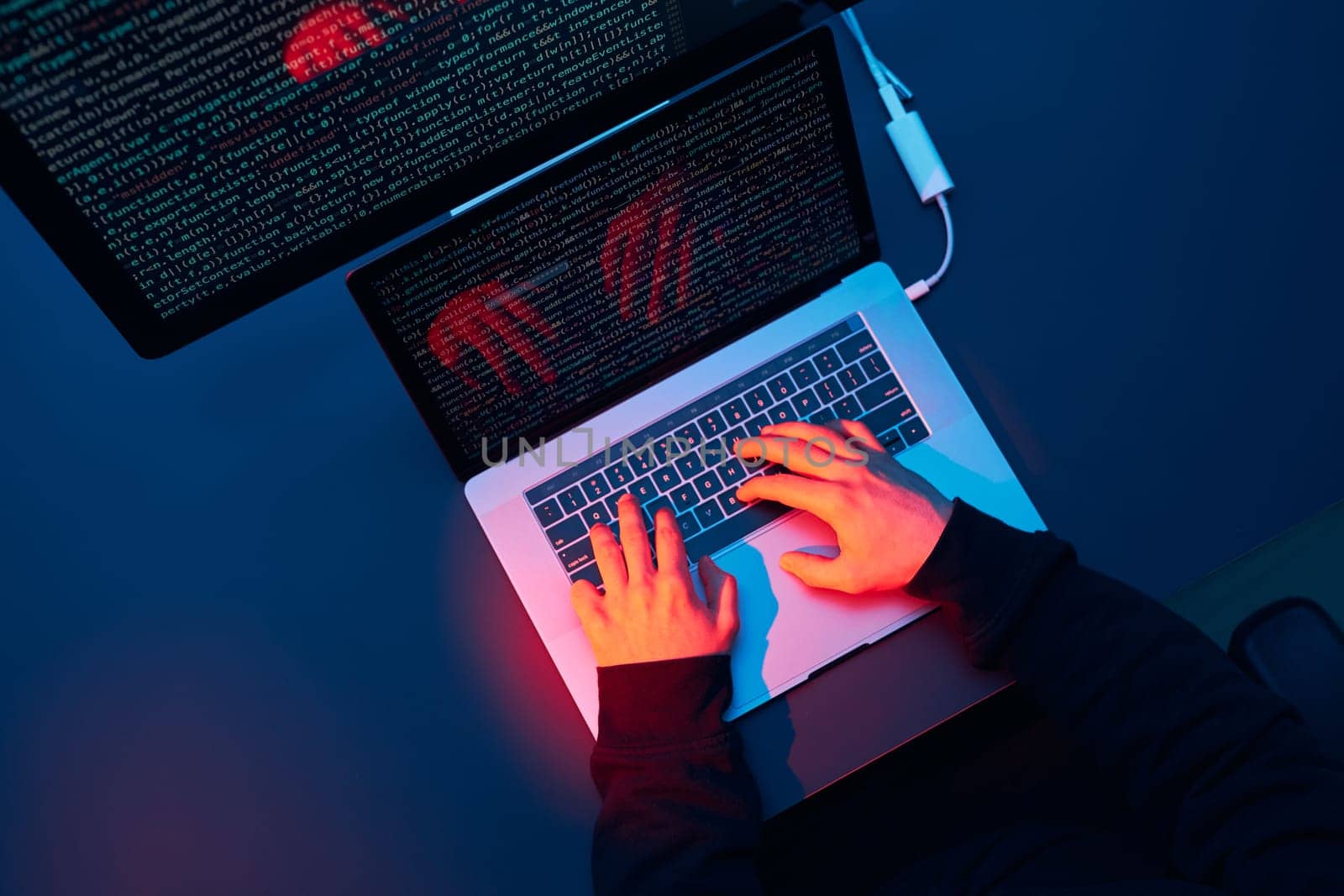 Man using computer and programming  to break code. Cyber security threat. Internet and network security. Stealing private information. Person using technology to steal password and private data. Cyber attack crime