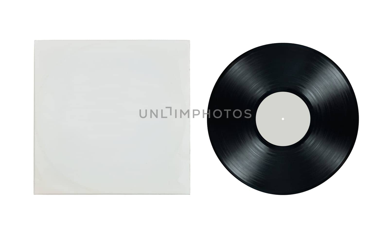 Vinyl record in white paper case. Mockup vinyl envelope. Music album sleeve. Music vintage style. Classic audio. Analog sound. Black disk. Old technology. Ready for content. Flat lay isolated on white background
