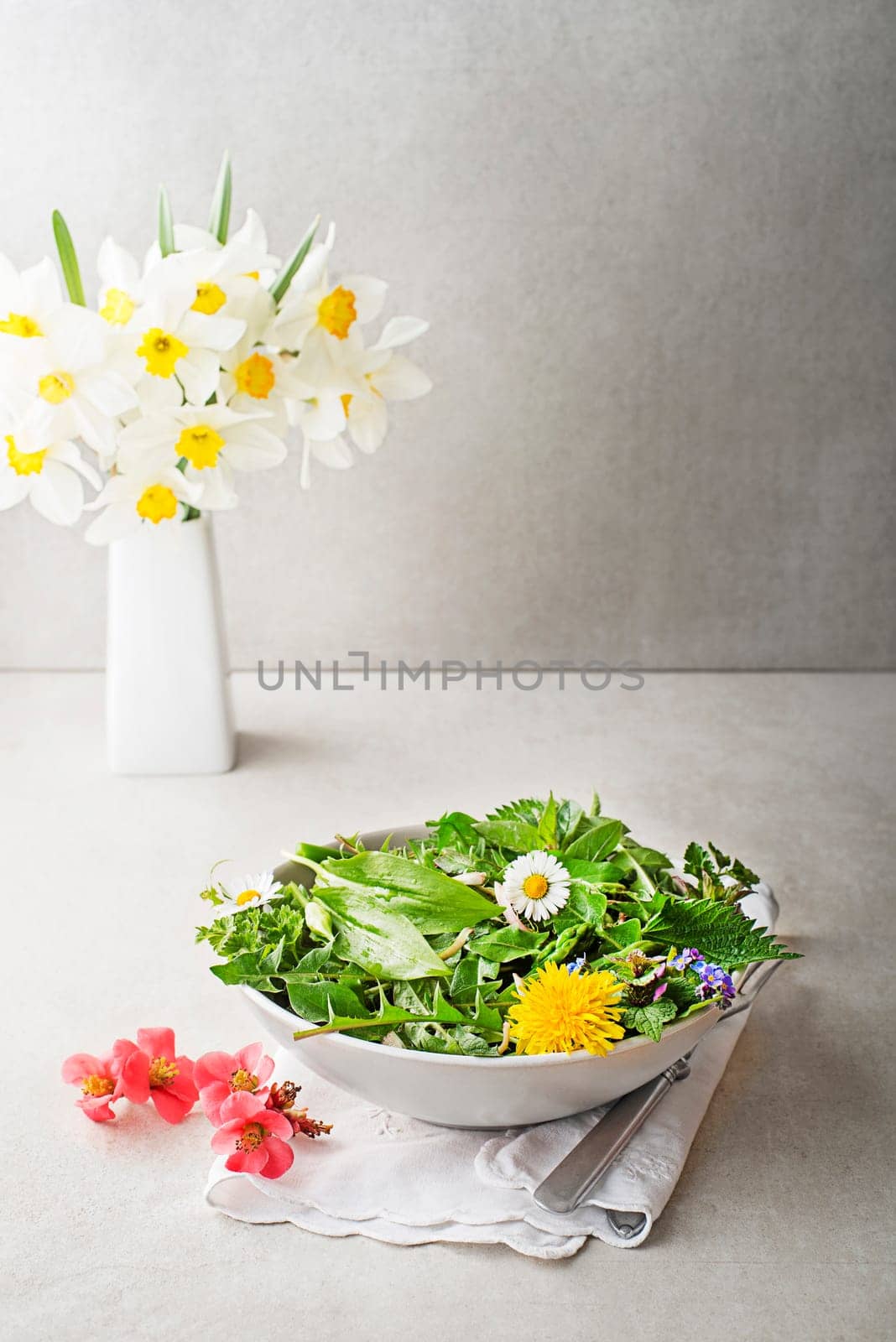 Wild garlic, nettle, dandelion and other medicinal herbs and wild edible plants growing in early spring. Spring table background with flowers, herbs and plants